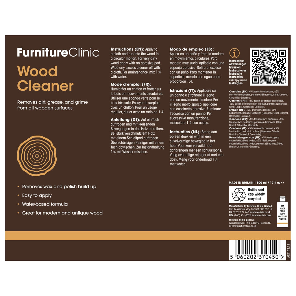 Furniture Clinic Wood Cleaner | Cleans Furniture, Shelves, Tables, Barstools, Cabinets & Other Wood Surfaces | Easily Remove Build Up, Grease and Dust | 17oz/500ml