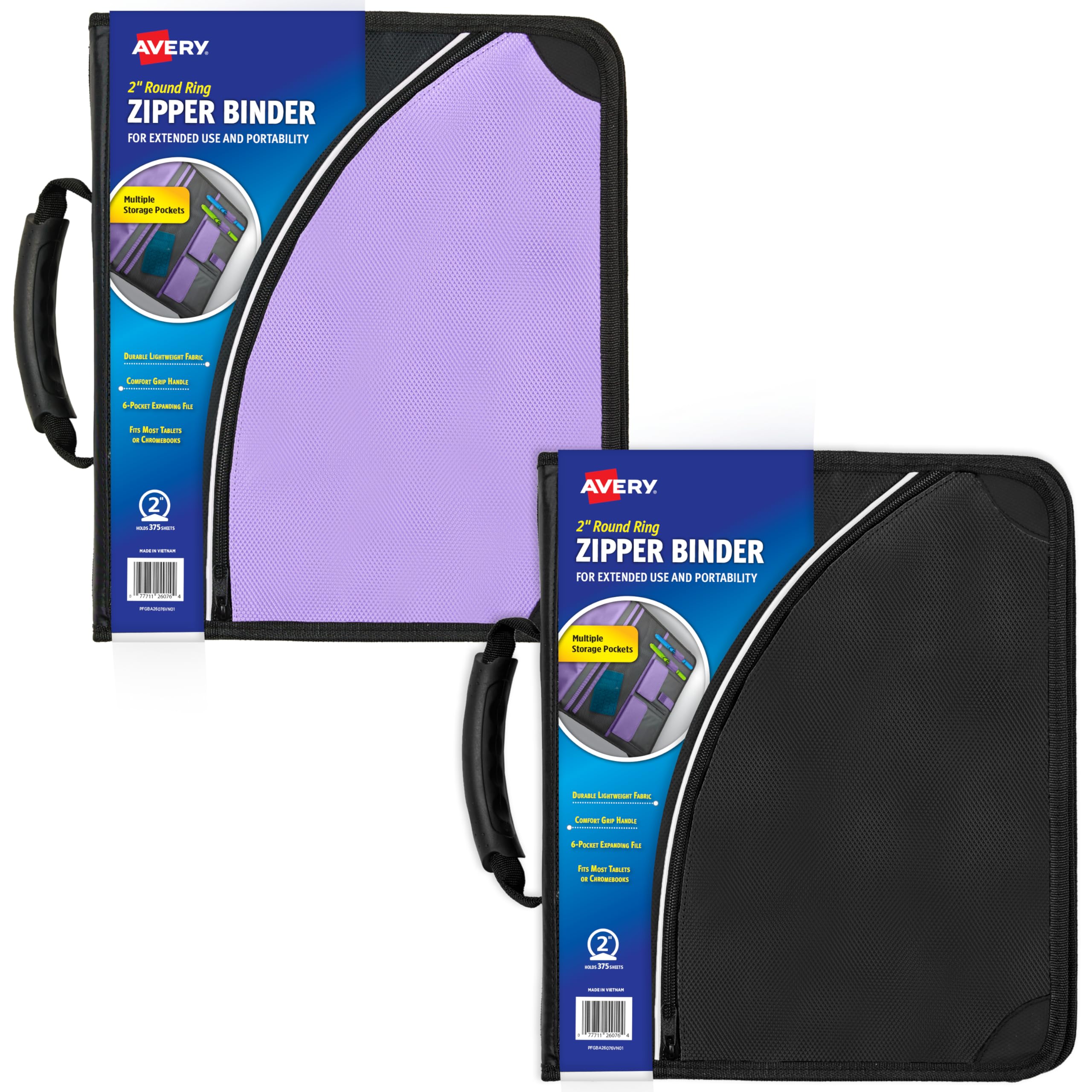 Avery 2" Inch Zipper Binder, 3 Round Rings, Durable Messenger Nylon Zipper Black Binder, Tablet Holder, 6-Pockets with 5 Tab Dividers, Carry-All Storage Binder (26051)