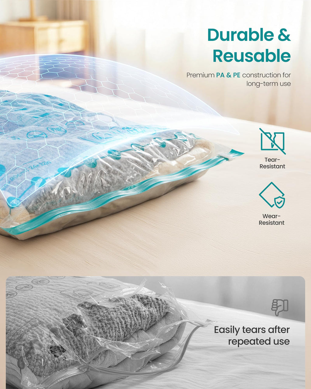 SONGMICS Vacuum Storage Bags, Rechargeable Portable Electric Pump, Space Saver Vacuum Seal Suction Bags for Clothing Travel Bedding Comforters, Reusable, 15 Pack, 3M/4L/4J/4X-J, Transparent