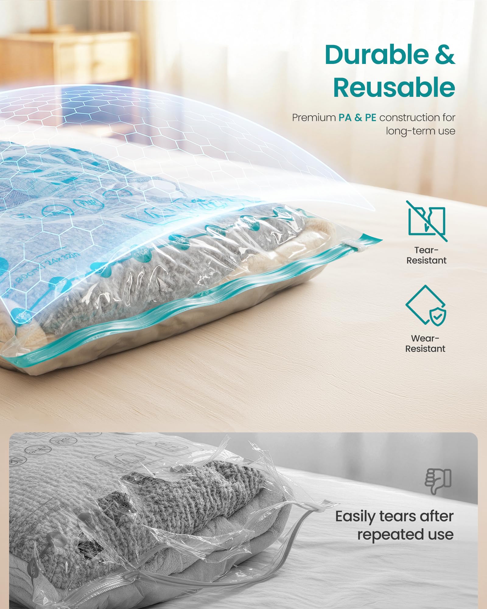 SONGMICS Vacuum Storage Bags, Rechargeable Portable Electric Pump, Space Saver Vacuum Seal Suction Bags for Clothing Travel Bedding Comforters, Reusable, 15 Pack, 3M/4L/4J/4X-J, Transparent