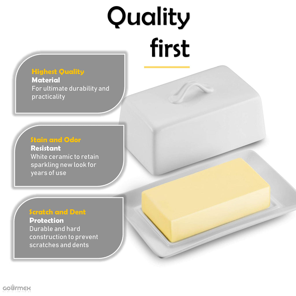 GOURMEX Classic Butter Dish with Lid | Fits One Stick of Butter | Ideal Butter Keeper for Salted, Unsalted Butter and Coconut Butter in Fridge | Ceramic White Tray Covered Butter Dish Dishwasher Safe (1 Pound)