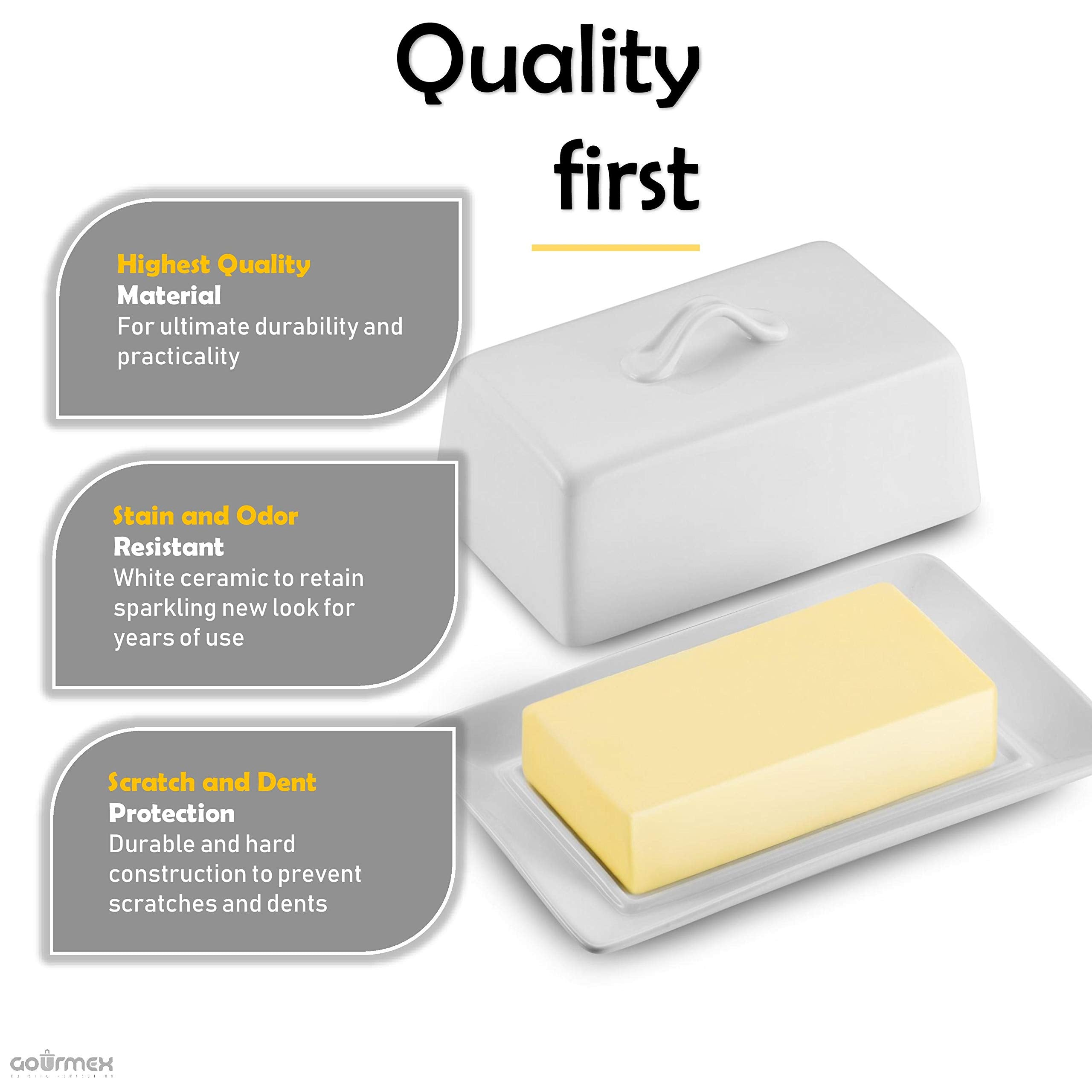 GOURMEX Classic Butter Dish with Lid | Fits One Stick of Butter | Ideal Butter Keeper for Salted, Unsalted Butter and Coconut Butter in Fridge | Ceramic White Tray Covered Butter Dish Dishwasher Safe (1 Pound)