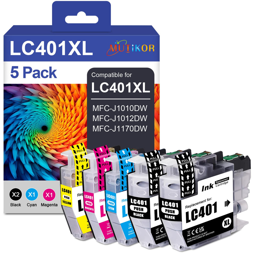 LC401 Compatible LC401XL Ink Cartridges for Brother Printer MFC-J1010DW MFC-J1012DW MFC-J1170DW (5 Pack LC401XL Ink Cartridges BK C M Y Replacements)