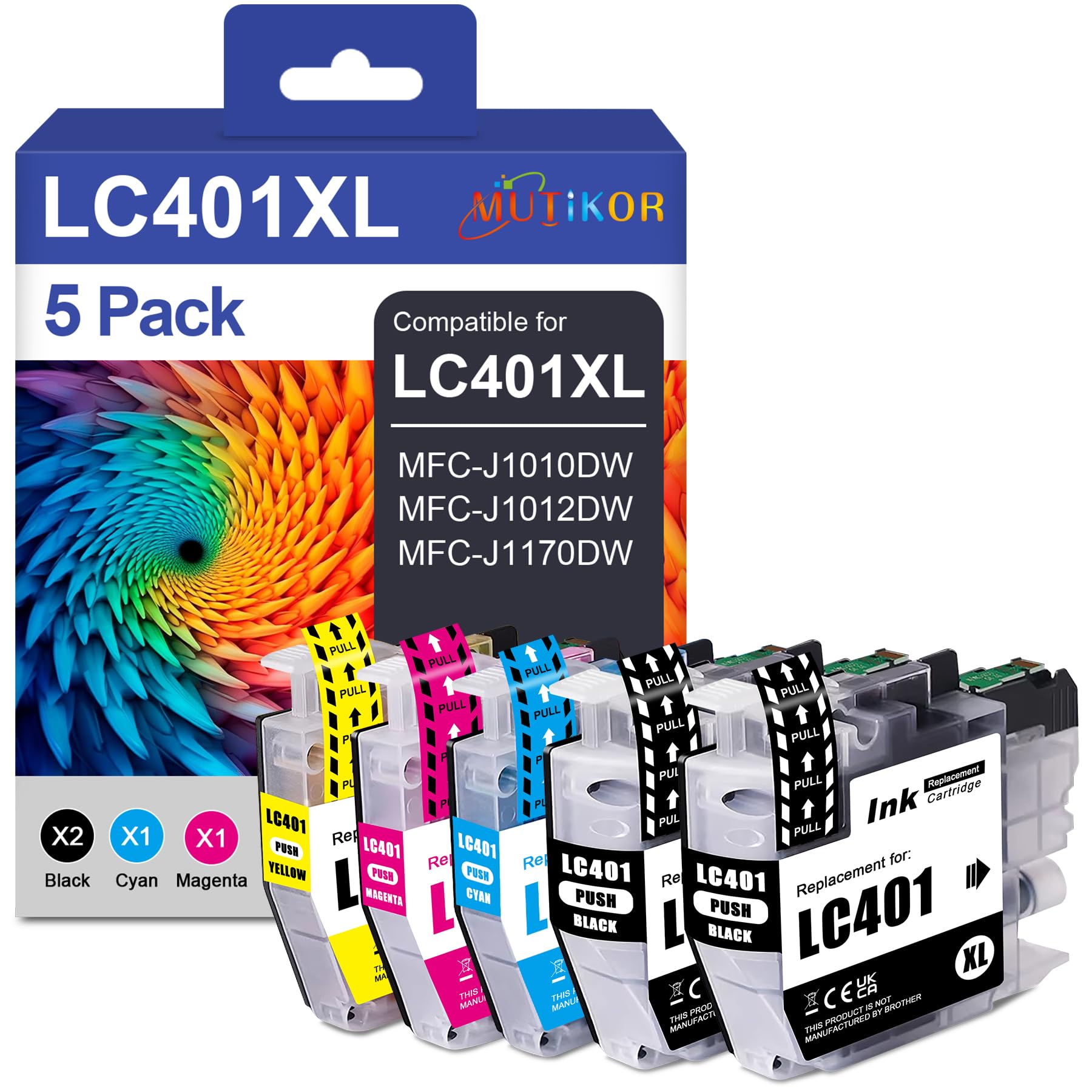LC401 Compatible LC401XL Ink Cartridges for Brother Printer MFC-J1010DW MFC-J1012DW MFC-J1170DW (5 Pack LC401XL Ink Cartridges BK C M Y Replacements)