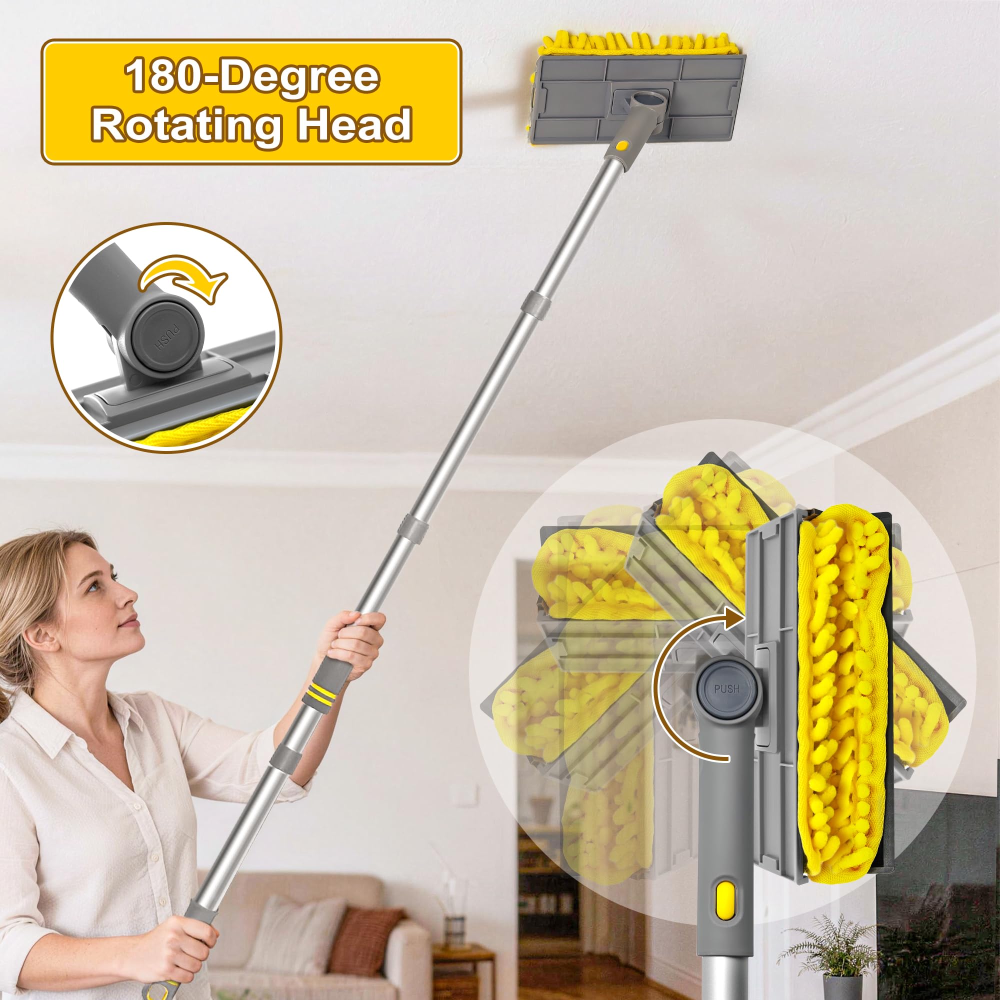 JEHONN 77” Ceiling Fan Cleaner Duster with Extra Bendable Chenille Dust Cleaning Tool, Detachable Washable Mop for Baseboard, Blinds, Walls, Floors & Car Interiors (Yellow)
