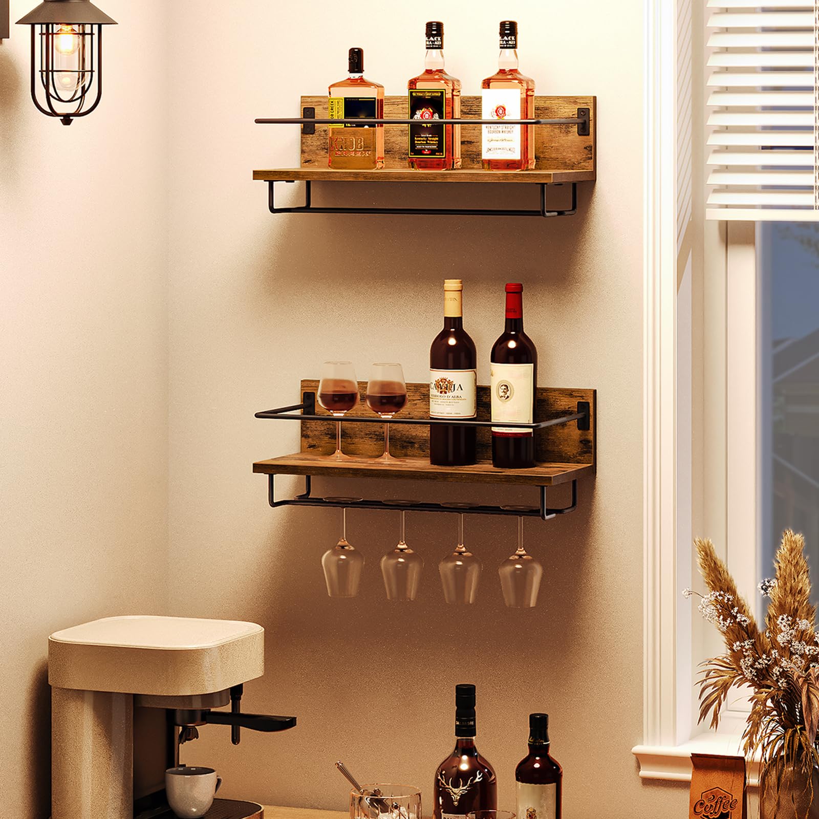 HOOBRO Wine Rack Wall Mounted 2 Pack, Wine Shelf Hanging Floating Wall Shelves, Wine Glass Bottle Rack Stemware Holder, for Living Room, Dining Room, Kitchen, Rustic Brown and Black BF28BJ01