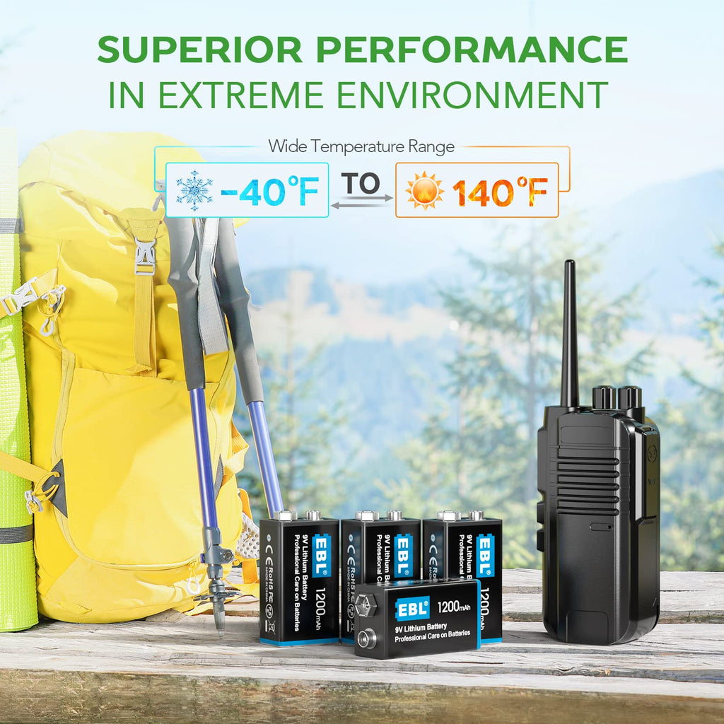 EBL 4 Pack 9V Li-th-ium Metal Batteries, 1200mAh Performance Capacity, Long Lasting, High Power, Light Weight, Non-Rechargeable