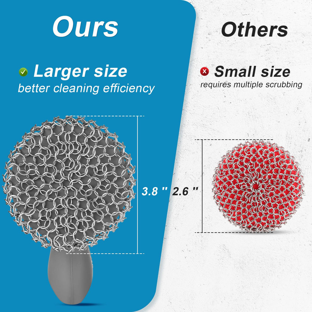 SUBEKYU Cast Iron Scrubber with Silicone Handle, Stainless Steel Cast Iron Skillet Cleaner Chainmail Scrubber for Pans, Grey