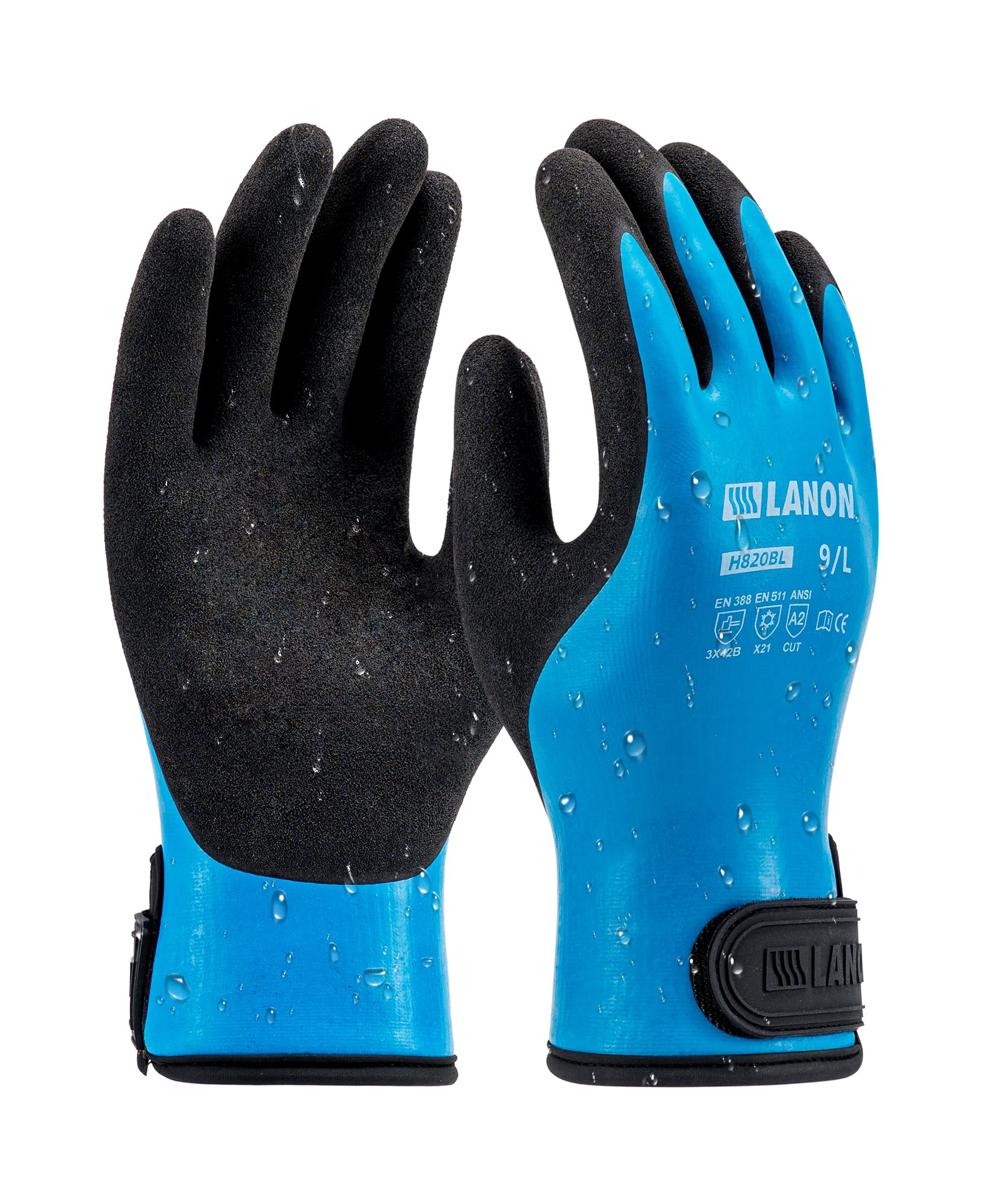 LANON Waterproof Winter Work Gloves, Double Rubber Coated, Thermal Insulated Freezer Gloves for Cold Weather, Heavy Duty, Non-Slip Grip, Wrist Closure, Blue,L