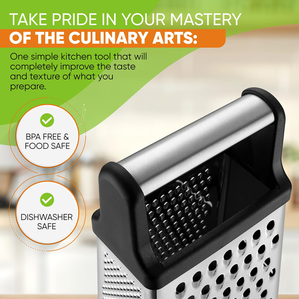 Professional Cheese Grater - Stainless Steel, XL Size, 4 Sides - Perfect Box Grater for Parmesan Cheese, Vegetables, Ginger - Dishwasher Safe - Black