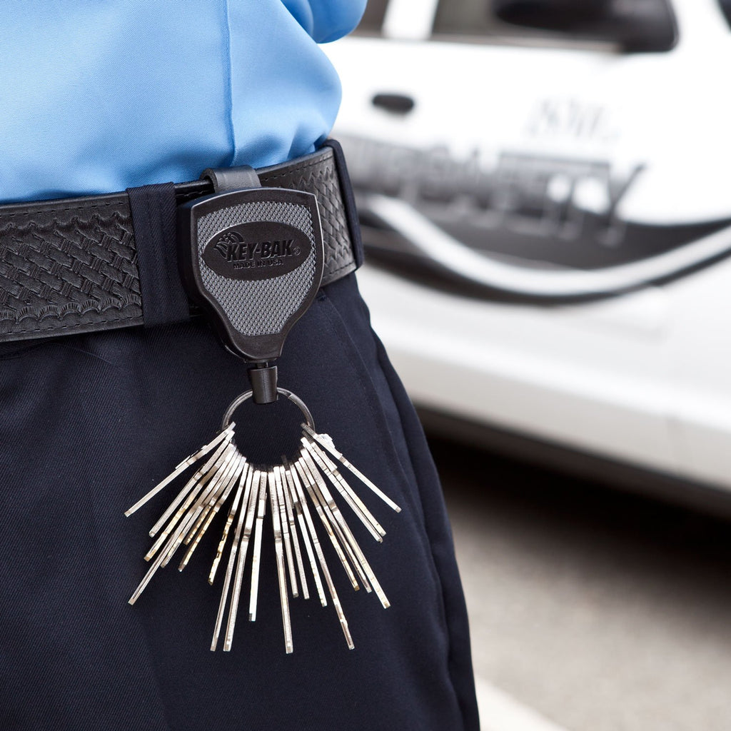 Key-BAK SUPER48 HD 8oz. Locking Retractable Keychain, 48" Retractable Cord, Black Polycarbonate Case, Leather Duty Belt Loop, Oversized Split Ring - Made in USA