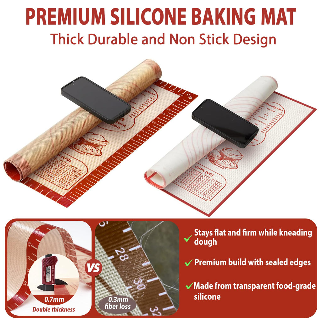 Silicone Baking Pastry Dough Mat - Non Slip Rolling Mat with Measurement Guides, Thick Reusable Kneading Board for Bread, Pizza, Cookies, Fondant, Nonstick Baking Sheet for Kitchen Counter, 20x28inch