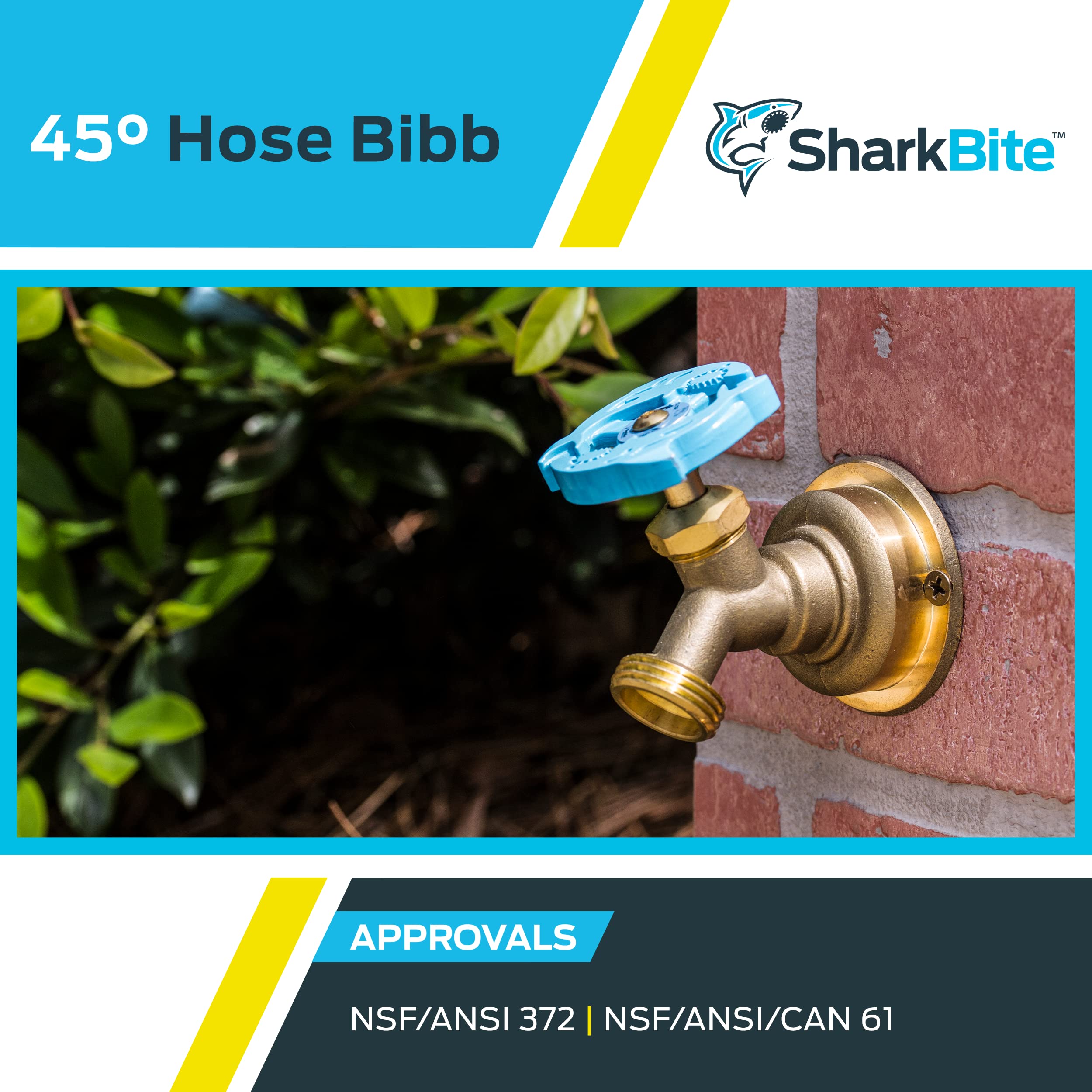 SharkBite 1/2 x 3/4 Inch MHT 45 Degree Hose Bibb, Multi Turn, Push to Connect Brass Plumbing Fitting, PEX Pipe, Copper, CPVC, PE-RT, HDPE, 24632LF