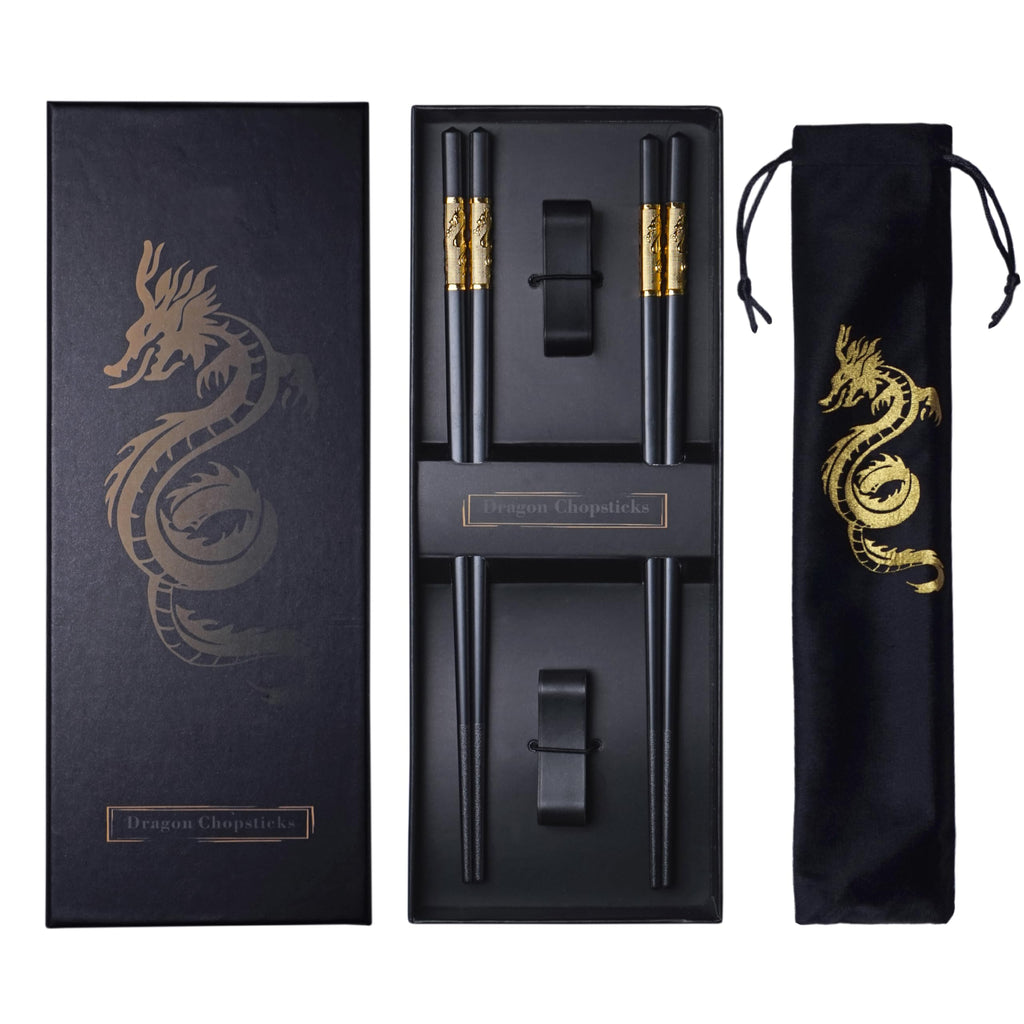 Youda Golden Dragon Chopsticks Set-Premium Alloy Metal Reusable Chopsticks with Holder & Gift Bag, Traditional Chinese Design, Dishwasher Safe, Elegant Gift Box (2 Pairs)