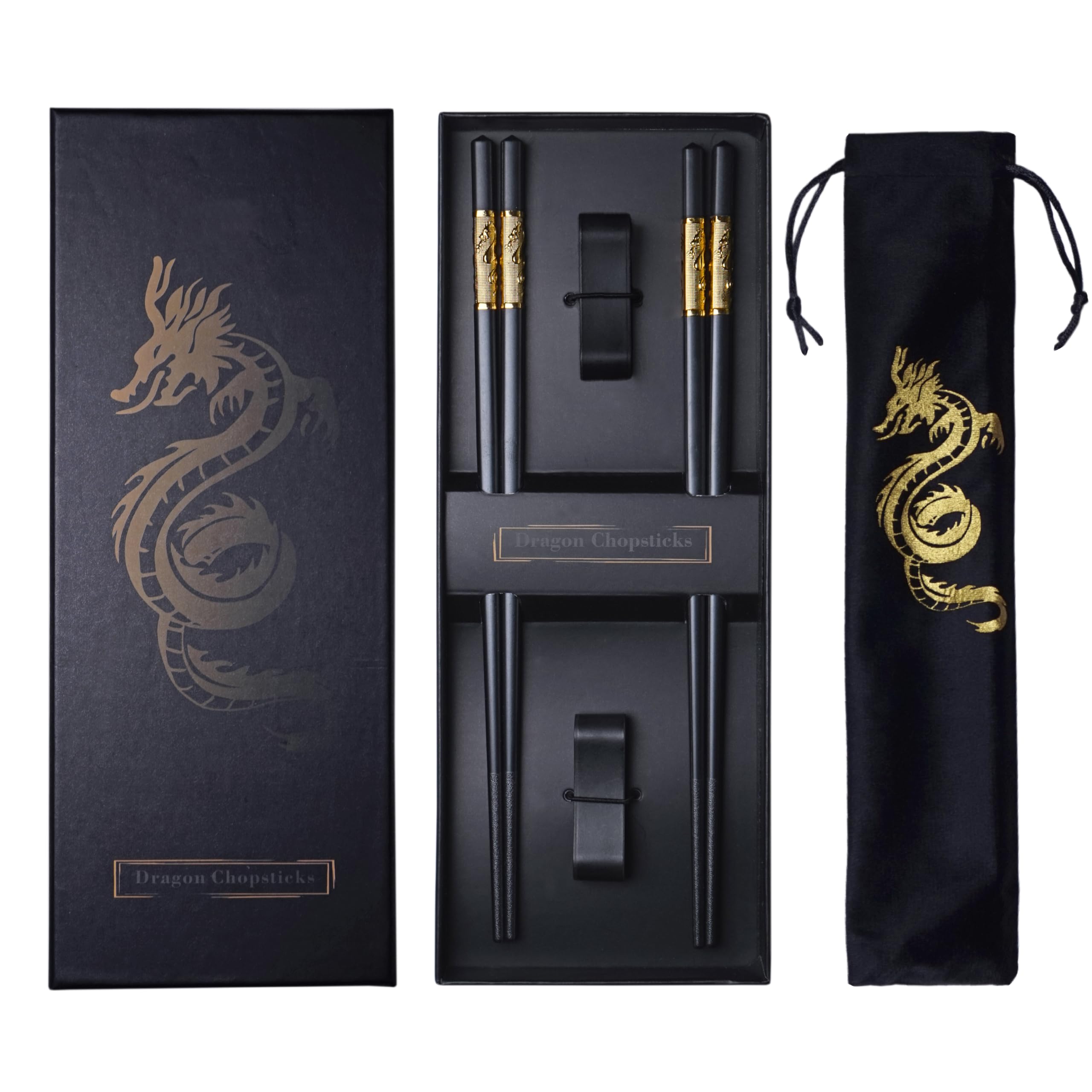 Youda Golden Dragon Chopsticks Set-Premium Alloy Metal Reusable Chopsticks with Holder & Gift Bag, Traditional Chinese Design, Dishwasher Safe, Elegant Gift Box (2 Pairs)