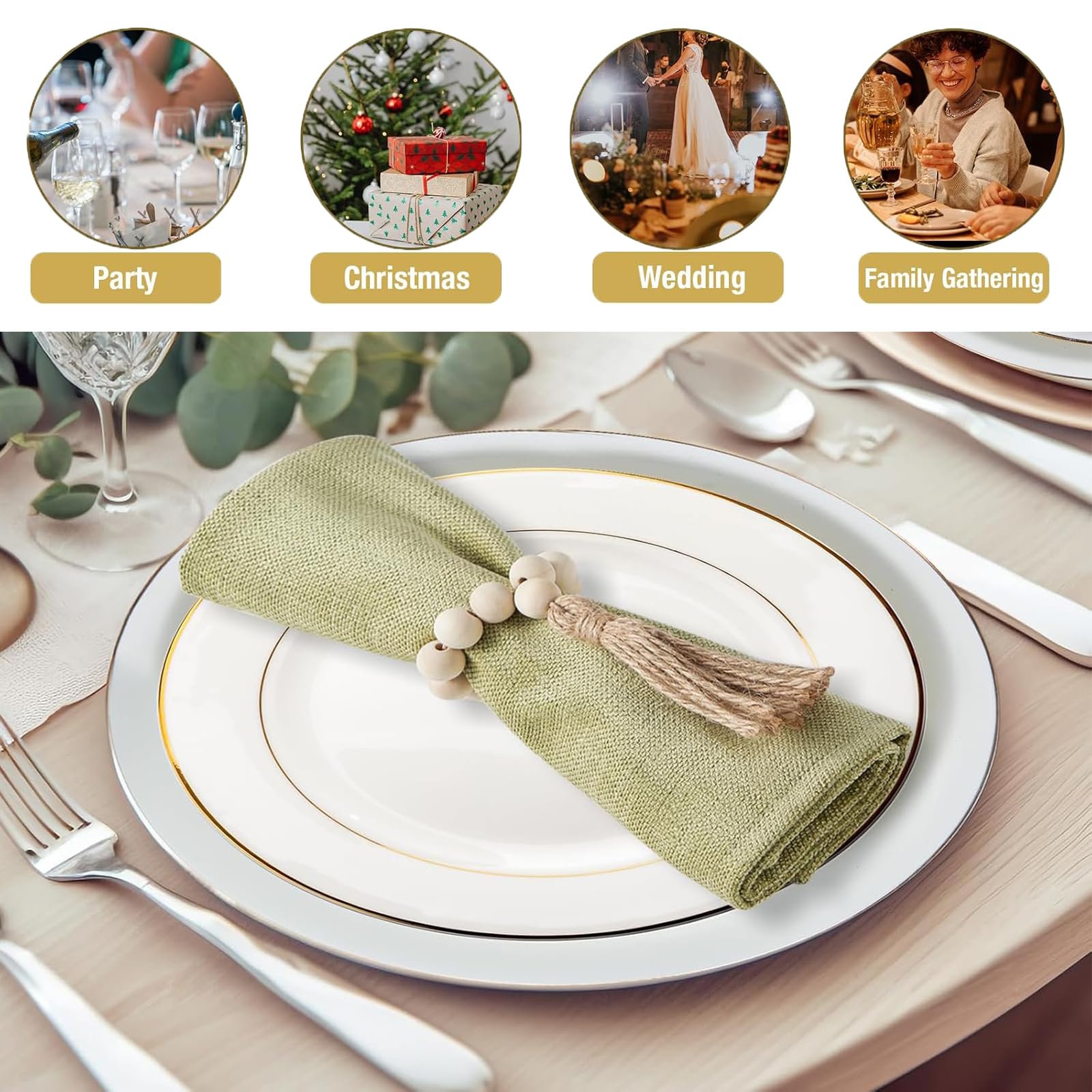 12 pcs Wood Bead Elastic Farmhouse Napkin Rings with Tassel,Elastic Napkin Rings for Wedding Party Home Decoration, Napkin Holders for Dinner Table Decor
