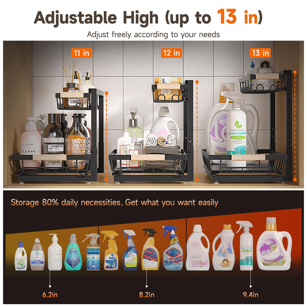Sevenblue 2 Pack Under Sink Organizer, Height Adjustable 2 Tier Under Sink Organizer Kitchen, Multi-Purpose Storage Shelf for Kitchen Bathroom Cabinet (Black, Large)