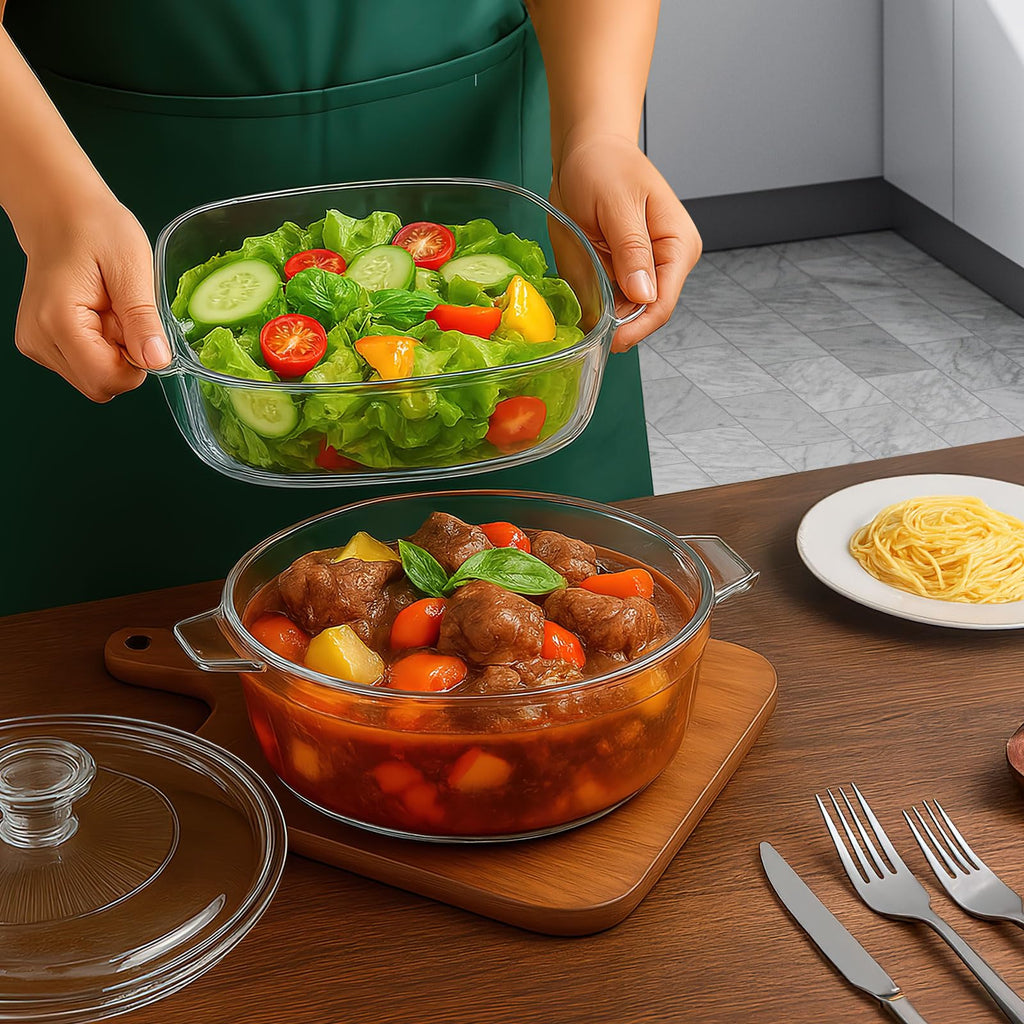 2 Pack Glass Casserole Dish with Lid and Handle Clear Lead-Free Covered Glass Baking Dish Casserole Cookware, Oven and Microwave Safe, for Marinating Baking Cooking (1.5L +1.7L)