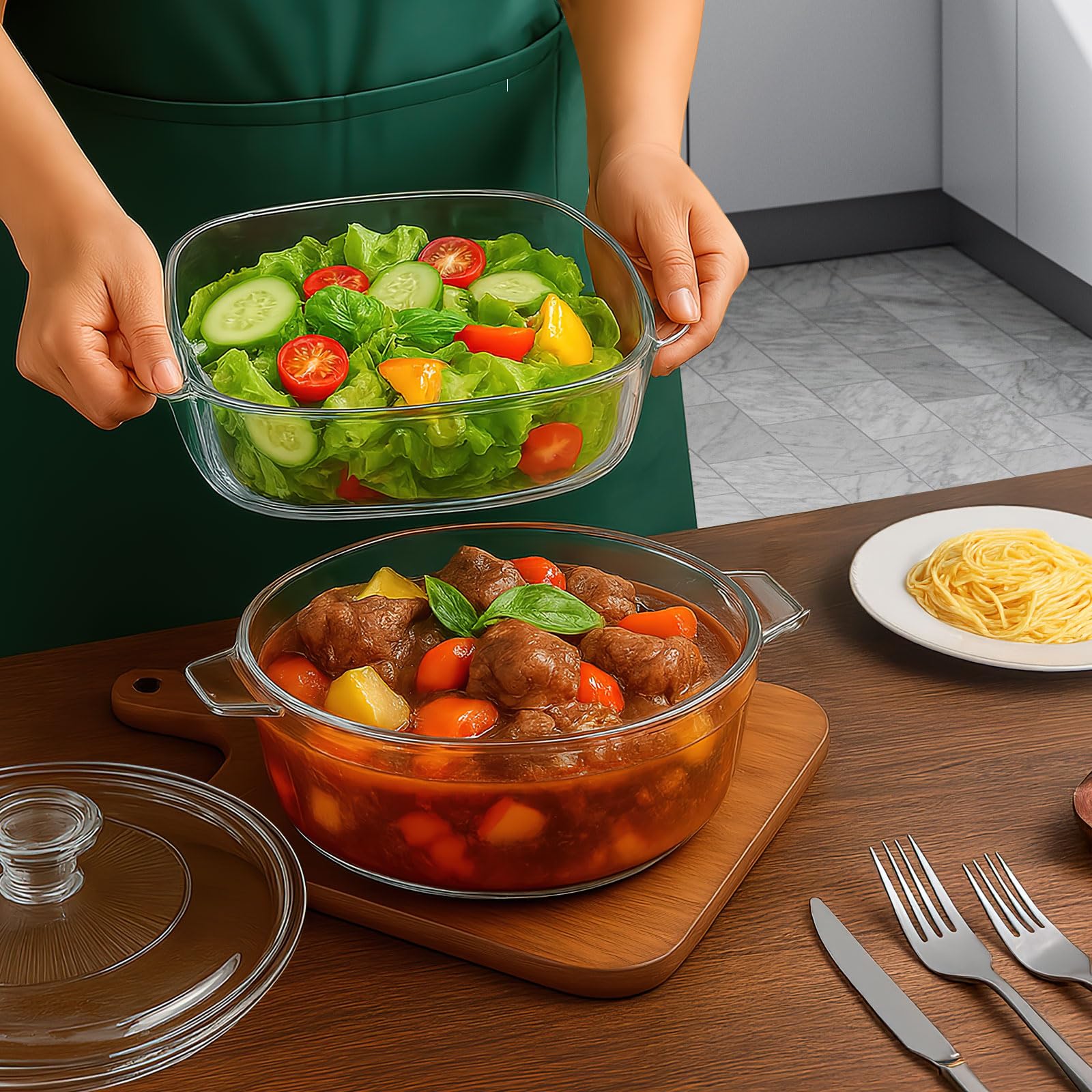 2 Pack Glass Casserole Dish with Lid and Handle Clear Lead-Free Covered Glass Baking Dish Casserole Cookware, Oven and Microwave Safe, for Marinating Baking Cooking (1.5L +1.7L)