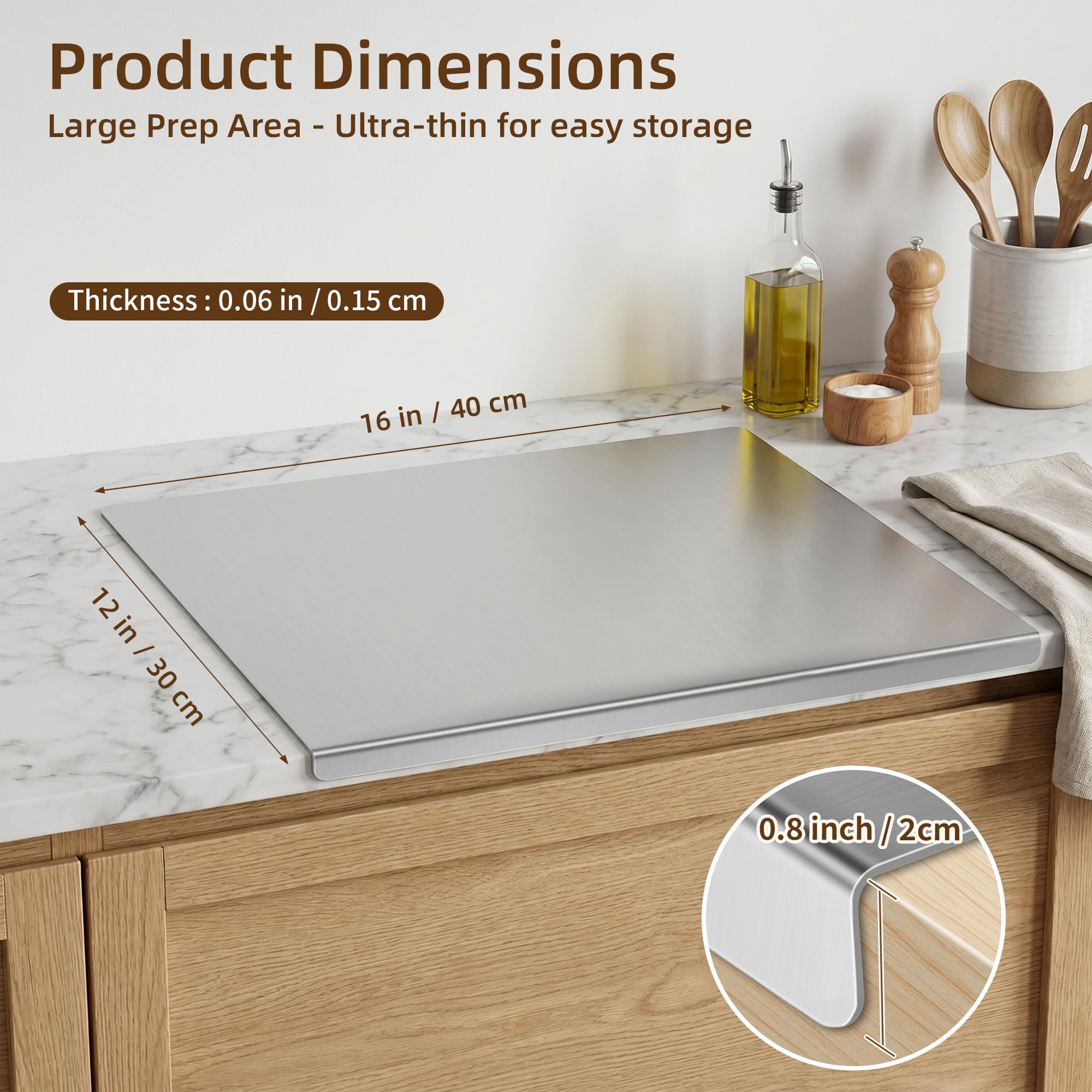 TJ POP Stainless Steel Cutting Board with Lip, 16 x 12 Inches Kitchen Chopping Board for Countertop, Double-Sided Food-Grade Metal Cutting Board, L-Shaped Edge Chopping Mat for Kitchen Prep & Baking