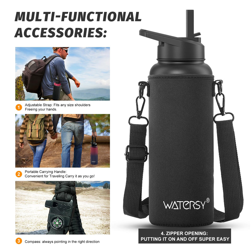 40oz Insulated Water Bottle (Cold for 48 Hrs),BPA Free&Leak Proof,Stainless Steel Water Flask,Water Jug with Straw Spout Lids for Gym,Hiking,Travel,Black