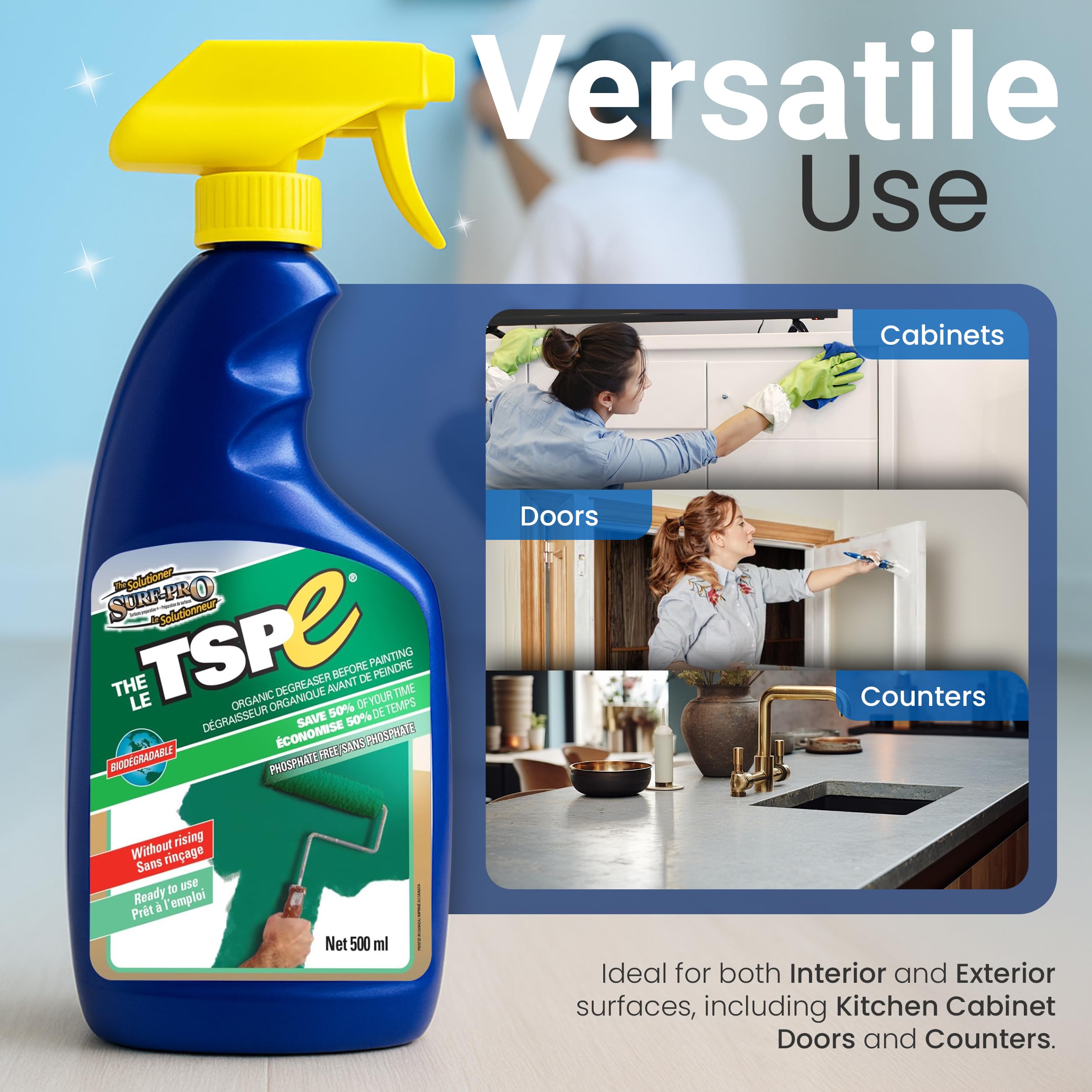 TSPE Cleaner Spray – 500ml / 16.9 oz No-Rinse Phosphate-Free Degreaser – Eco-Friendly TSP Substitute for Cabinets, Walls, Paint Prep, and Kitchen Cleaning – Biodegradable Formula