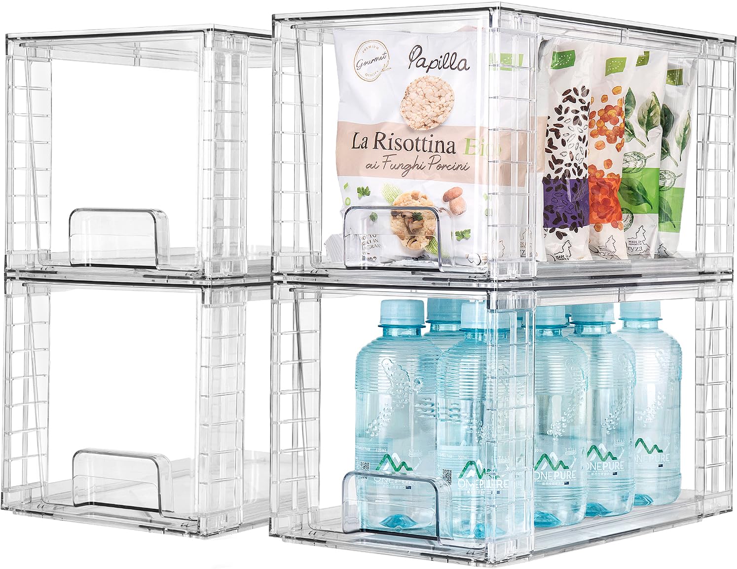 Zero Zoo 2Pack Large Stackable Kitchen Storage Drawers, Clear Foods Organizer Bins with Handles, Easily Assemble for Bathroom, Kitchen, Pantry, Cabinet, Closet (Down Handled)