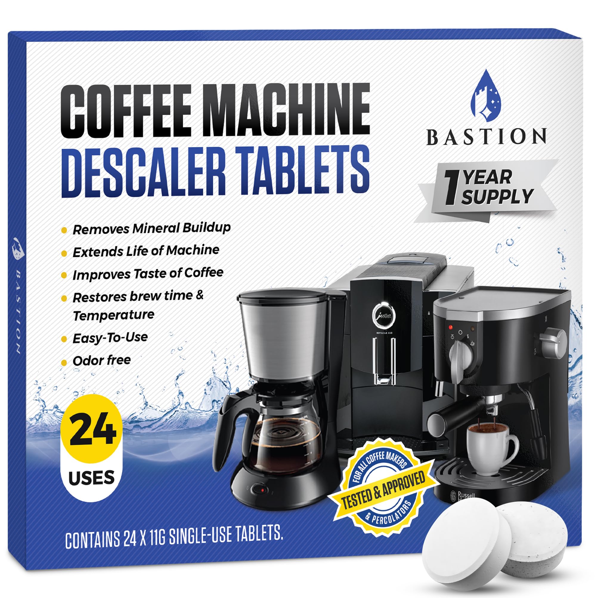 Coffee Machine Descaler Cleaner Tablets 24-Pack | For Keurig, Breville, De Longhi, Miele, Ninja, Braun | Clean & Descale Coffee Pot & Espresso Maker -Cleaning & Descaling Solution Tabs