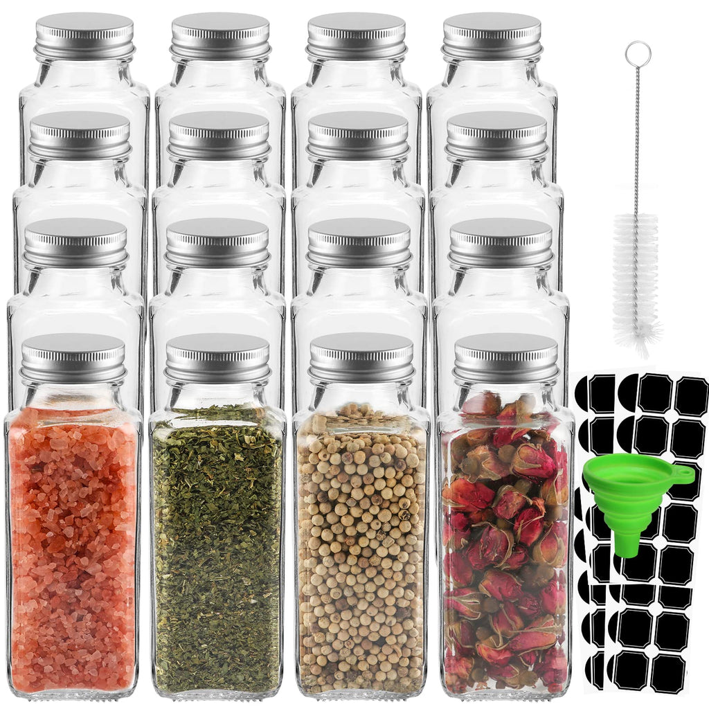 16 Pack 8oz Glass Spice Jars,Clear Square Seasoning bottles with Silver Caps and Shaker Lids,40pcs Black Labels,1 Funnel and 1 Brush for Kitchen Storage