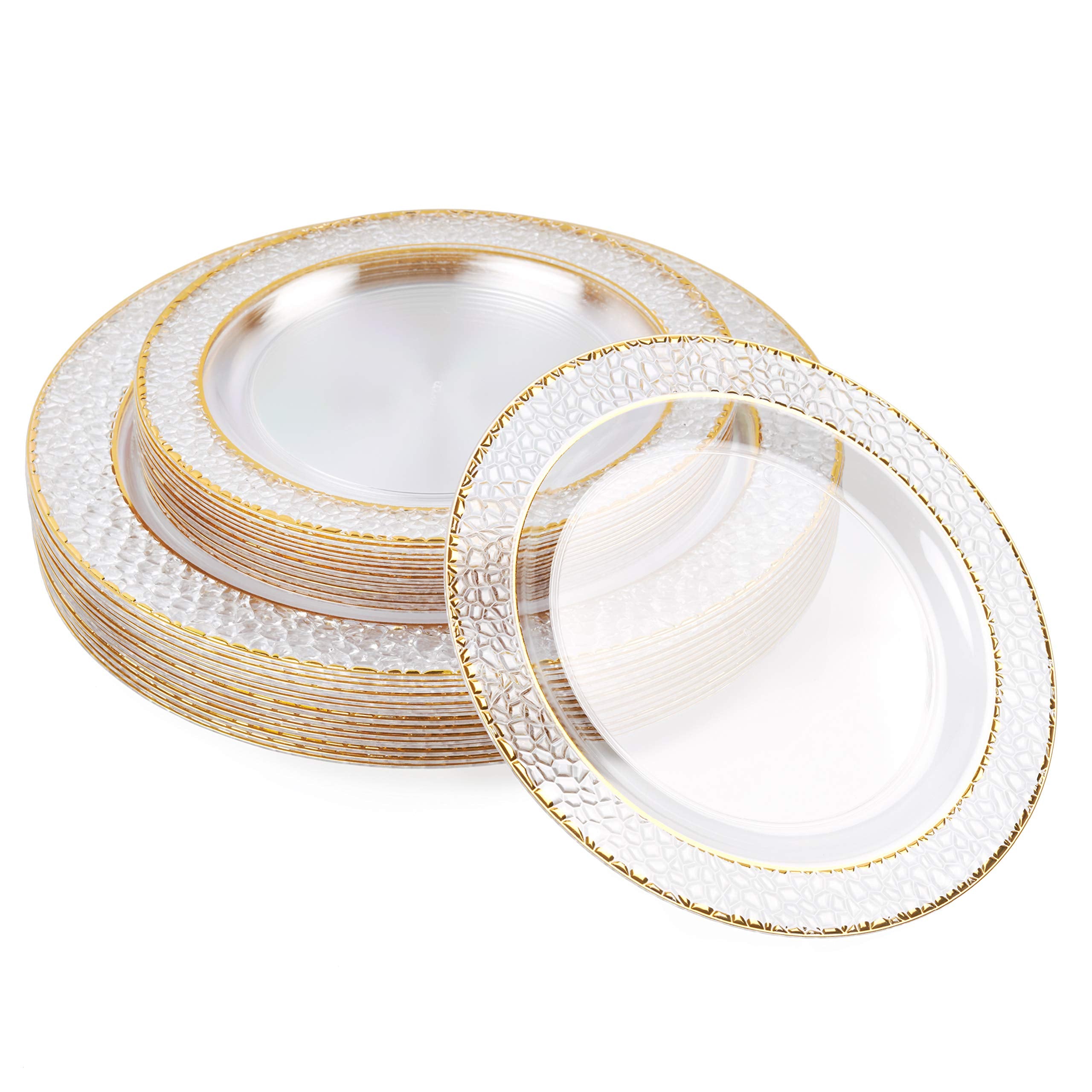MATANA 40 Clear Plastic Party Plates with Hammered Gold Rim, 20 Dinner Plates 10.25 Inch + 20 Salad Dessert Appetizer Plates 7.5 Inch, Heavy Duty, Premium, Reusable for Parties, Wedding & Events