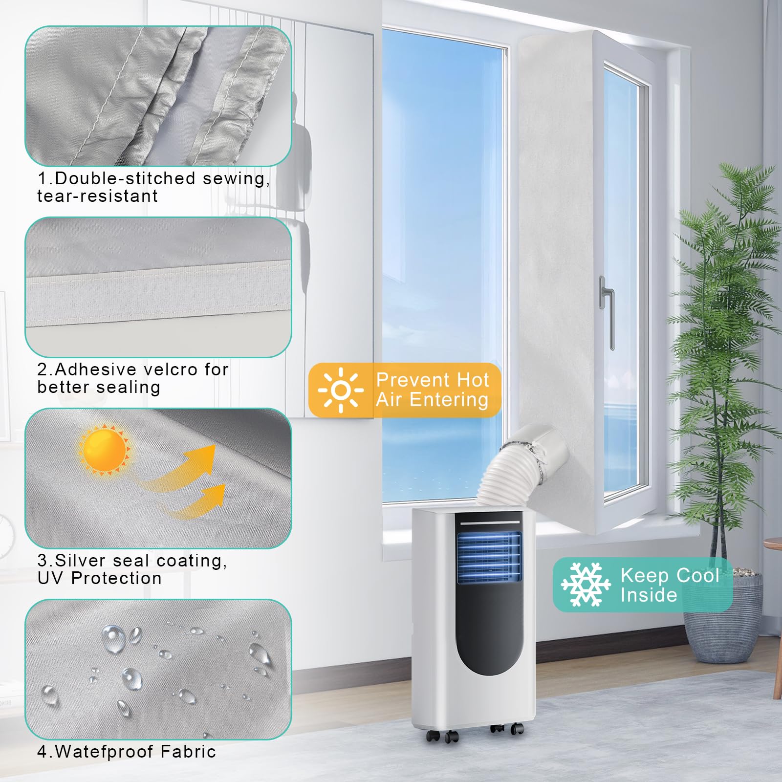 Fohil 400CM (157") Portable AC Window Seal Kit, Window Vent Seal Kit for Portable Air Conditioner Dryer, Waterproof Full Sealing A/C Vent Sealing Cloth for Push Out Windows