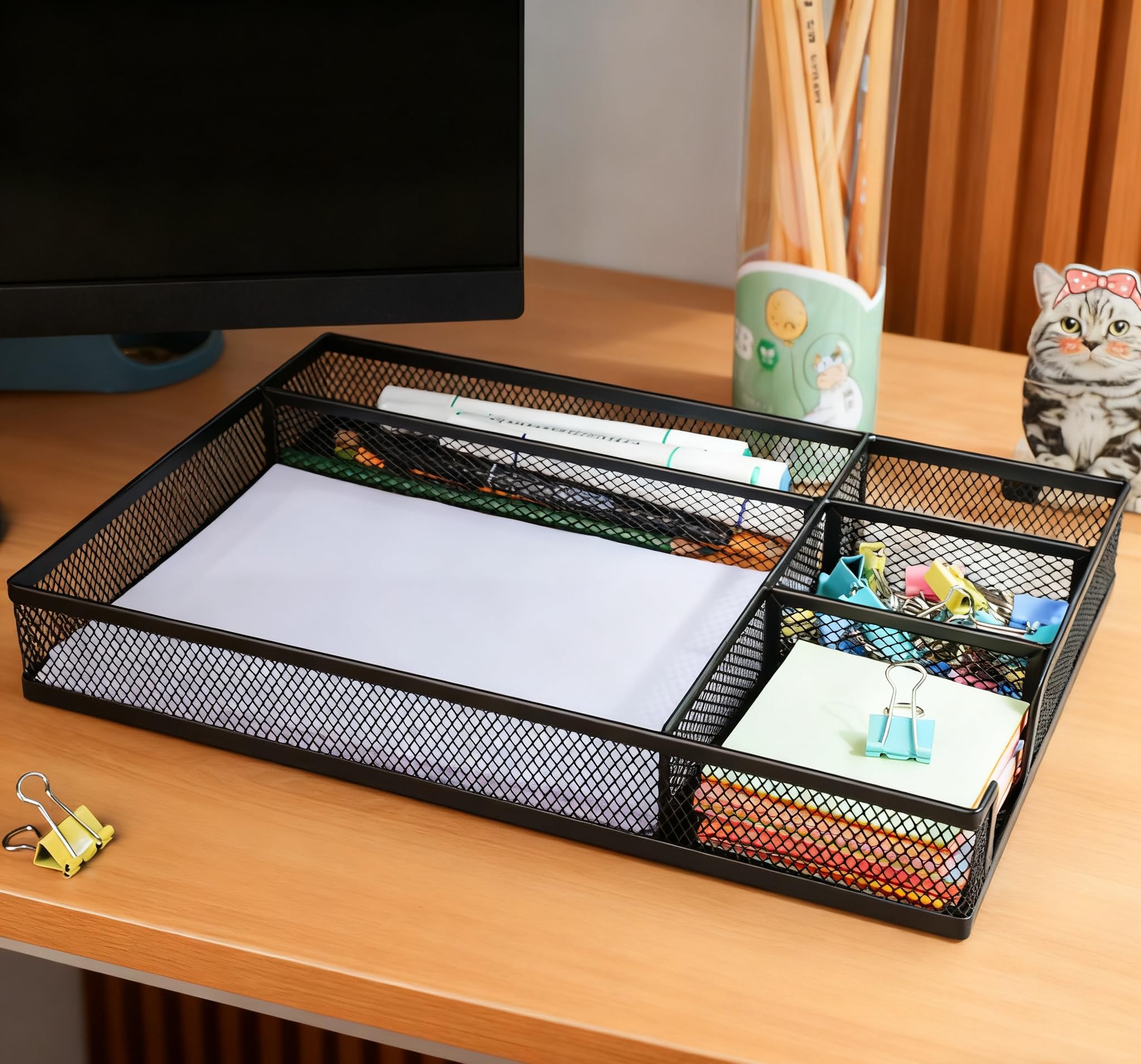Gonice Black Metal Mesh Desk Drawer Organizer Tray with 5 Dividers for Office Supplies, Desk Cabinet with Drawers