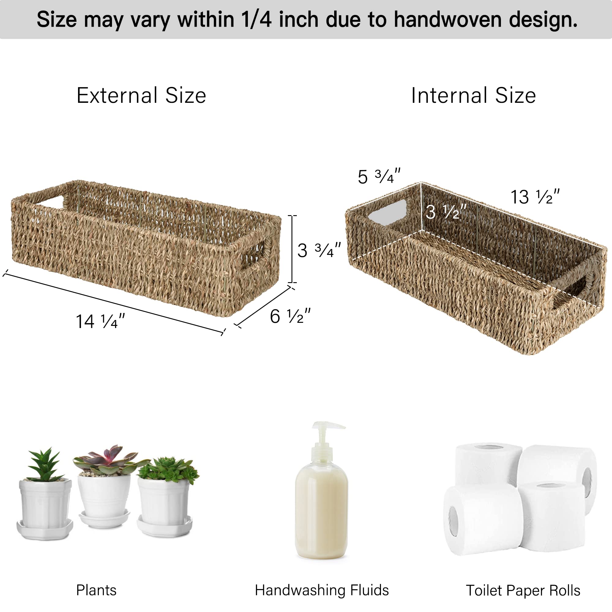 StorageWorks Seagrass Baskets with Built-in Handles, Bathroom Decor Box for Toilet Tank Top, 14"L x 6 "W x 3"H