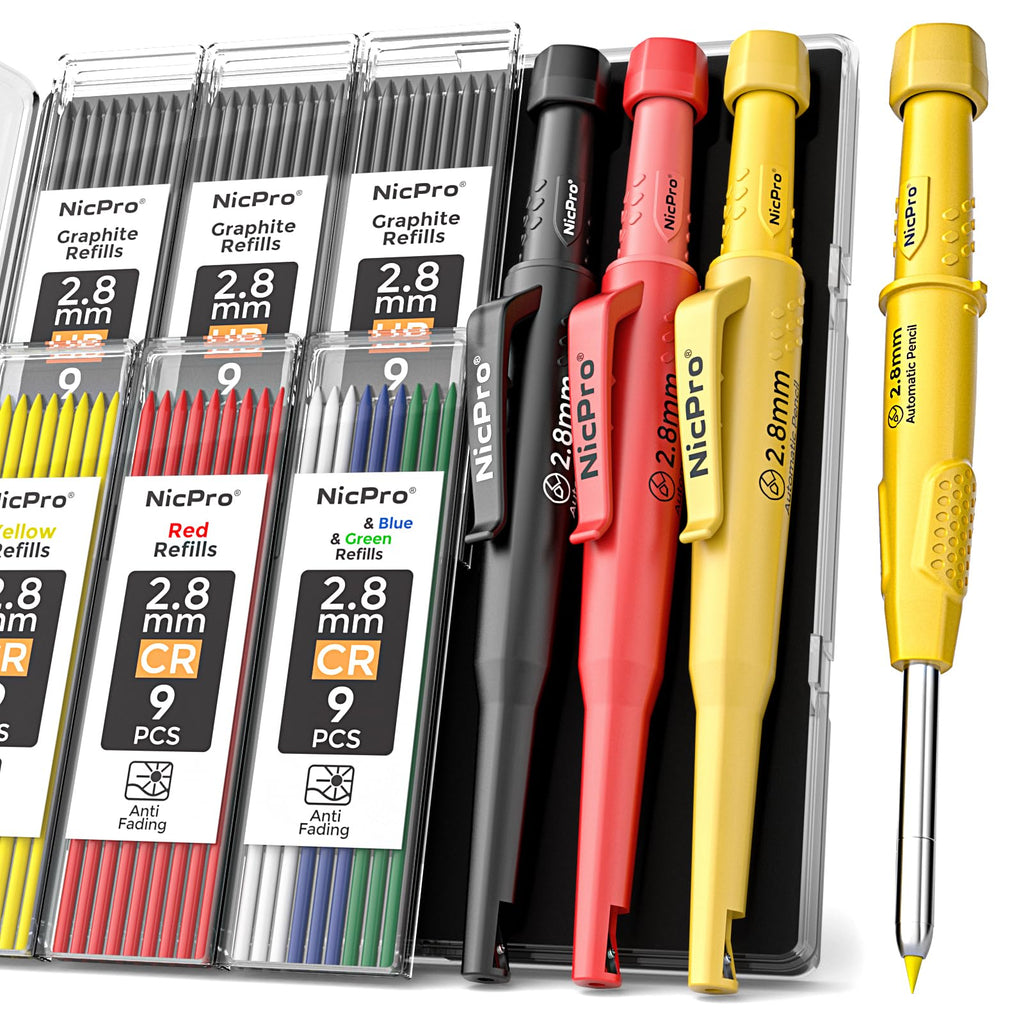 Nicpro CP3000 3 Pack Carpenter Pencil with Sharpener, Mechanical Carpenter Pencils with 57 Refills, Construction Pencil Heavy Duty Woodworking Pencils for Architect Marking (Red, Black, Yellow)