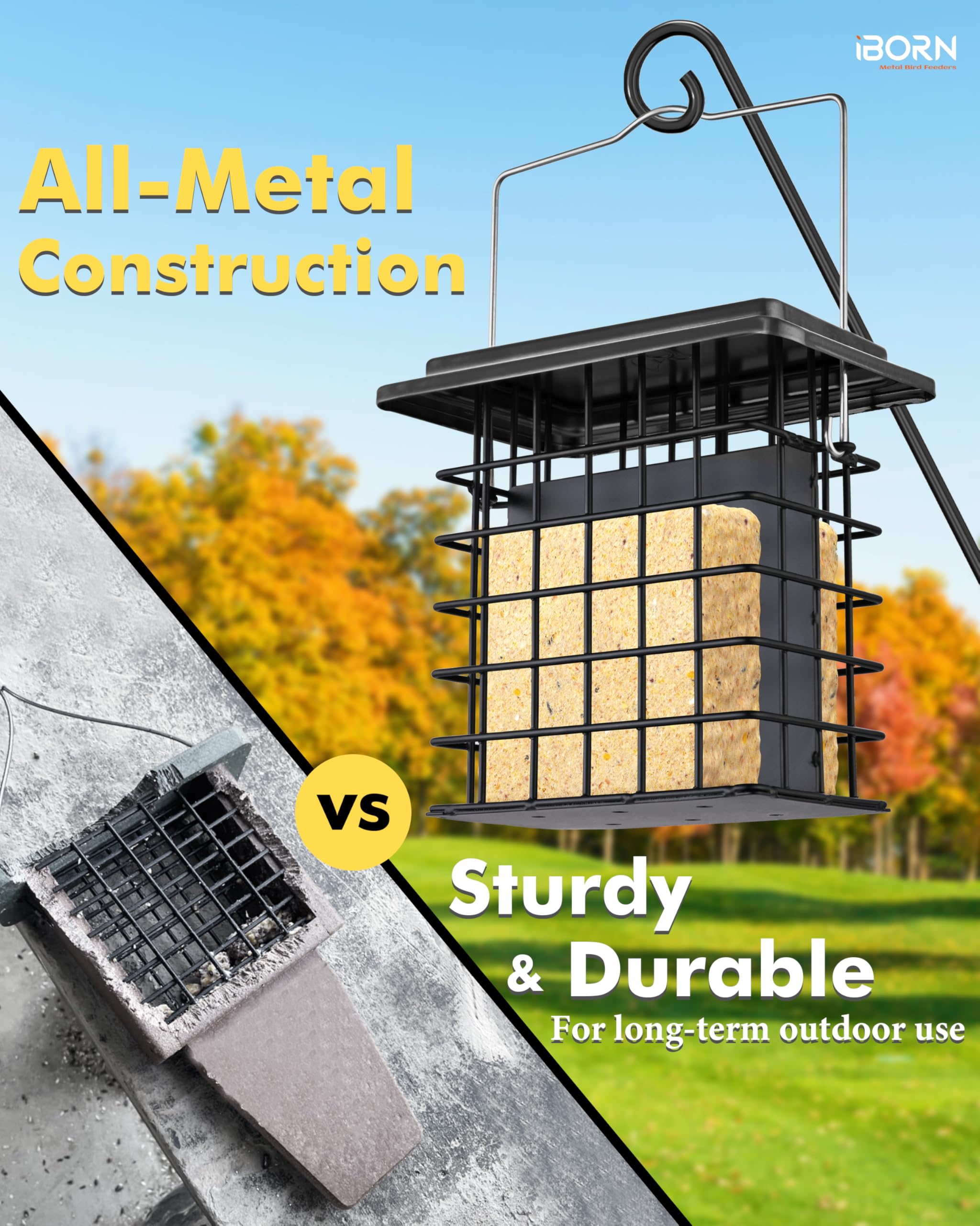 iBorn Double Suet Feeder- Metal Roof Bird Feeder with Taller Grid for Woodpeckers, Suet Cake Cage Bird Feeder for Outdoors Hanging,Easy-Clean & Refill,Metal Black（Pack of 1）