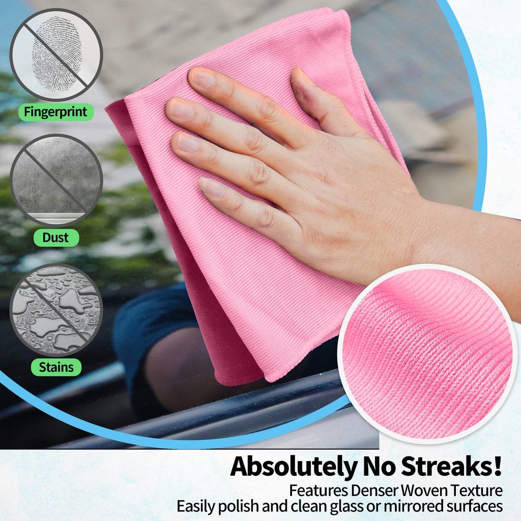 HOMERHYME Microfiber Cleaning Cloth - 10 Pack Glasses Cleaning Cloth, 16" x 14" Window Cleaning Rags, Streak Free Lint Free Polishing Cloths Wipes for Eye Glass, Stainless Steel, Windshield, Pink