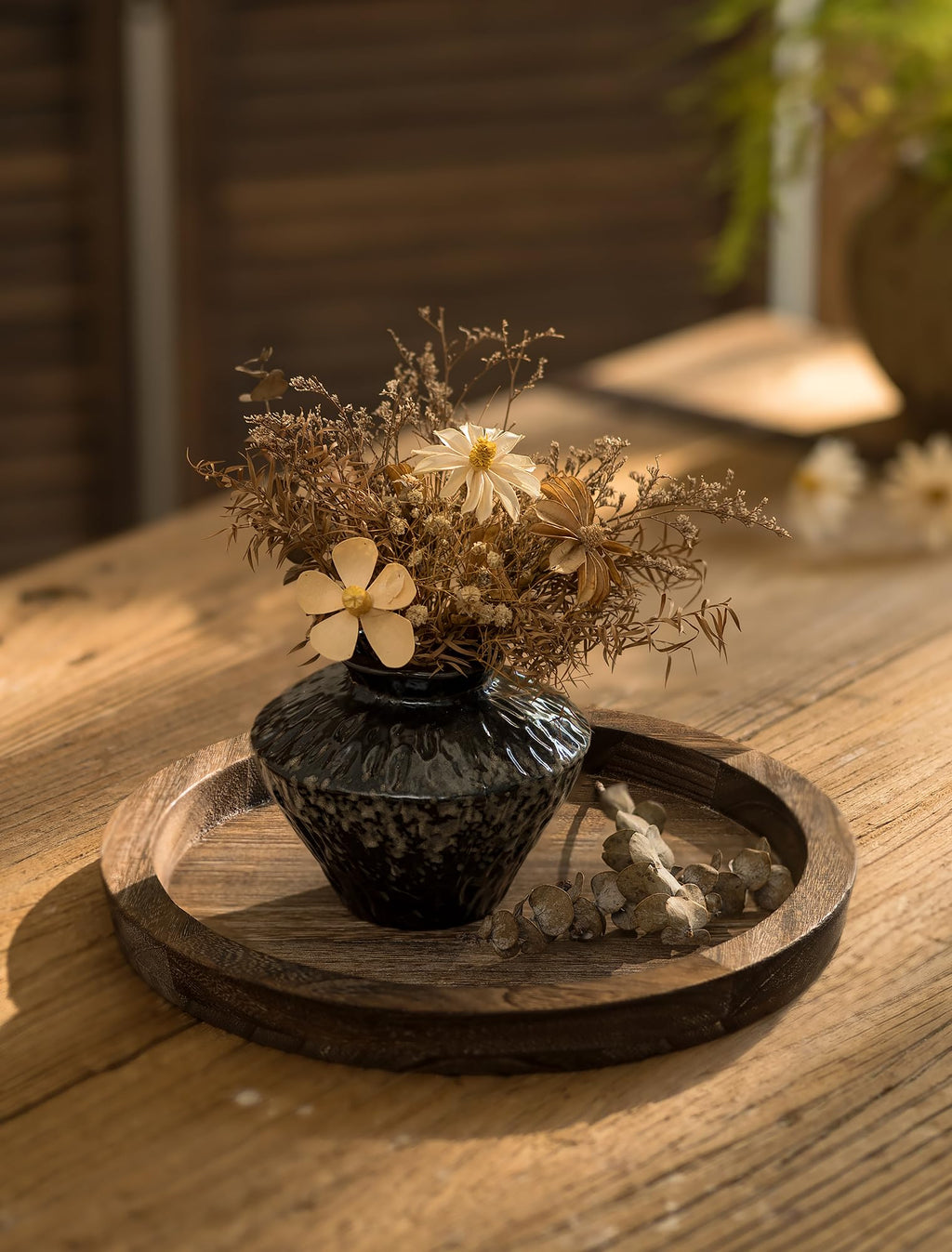 Hanobe Candle Holder Tray Decor: Round Coffee Table Decorative Tray for Home Decor - Farmhouse Wood Plate Circle Display for Living Room Kitchen Centerpiece