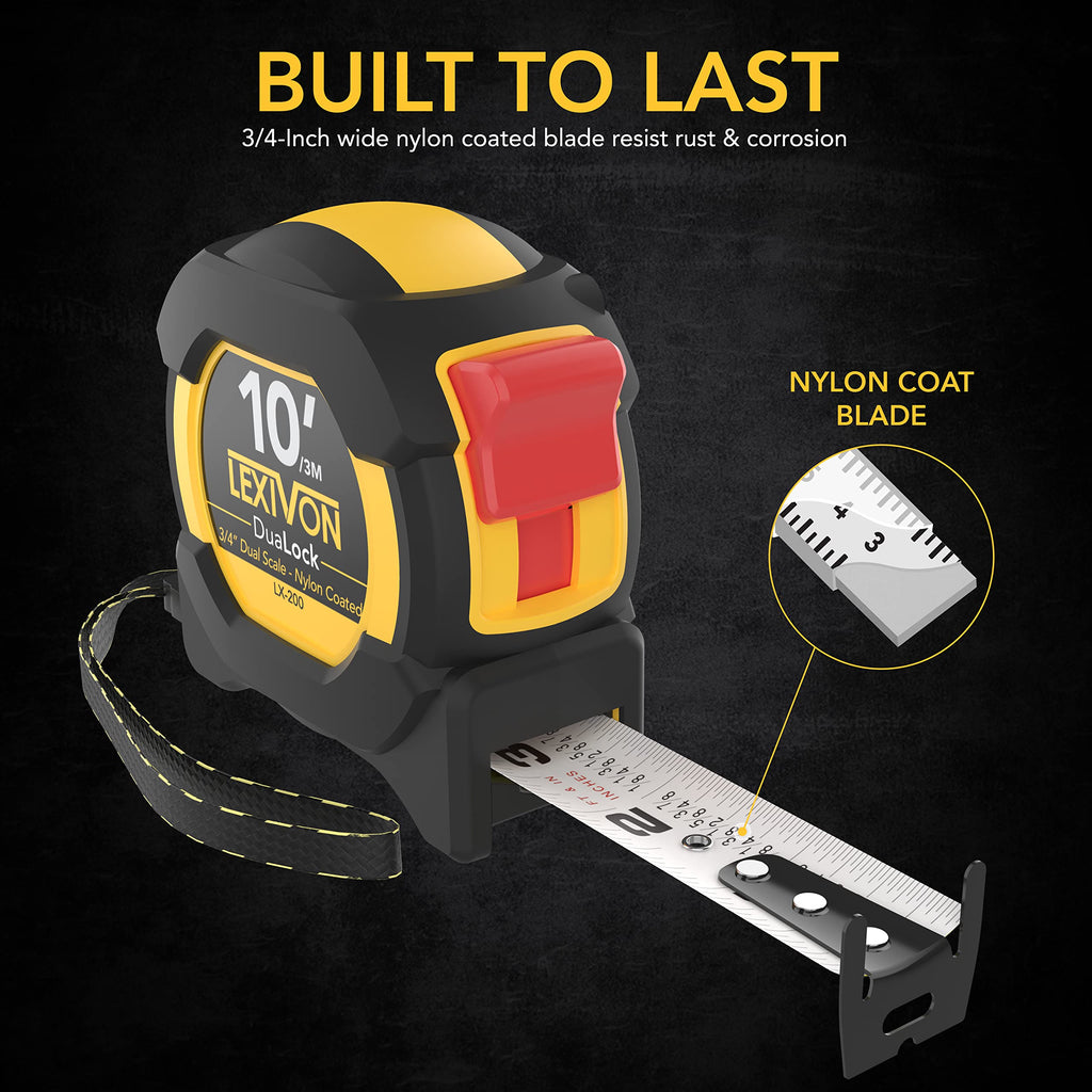 LEXIVON [3-Pack] 10Ft/3m DuaLock Tape Measure | 3/4-Inch Wide Blade with Nylon Coating, Matte Finish White & Yellow Dual Sided Rule Print | Ft/Inch/Fractions/Metric (LX-203)