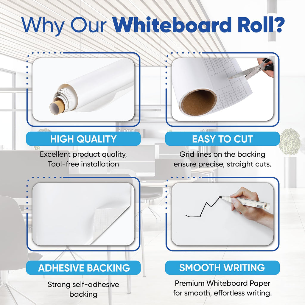HeatPomelo Whiteboard Sticker for Wall, 120" x 17.3" (300x44 cm) No Ghosting Peel and Stick Dry Erase White Board Roll, Stain-Proof Self-Adhesive Whiteboard Paper Ideal for Home Office Classroom