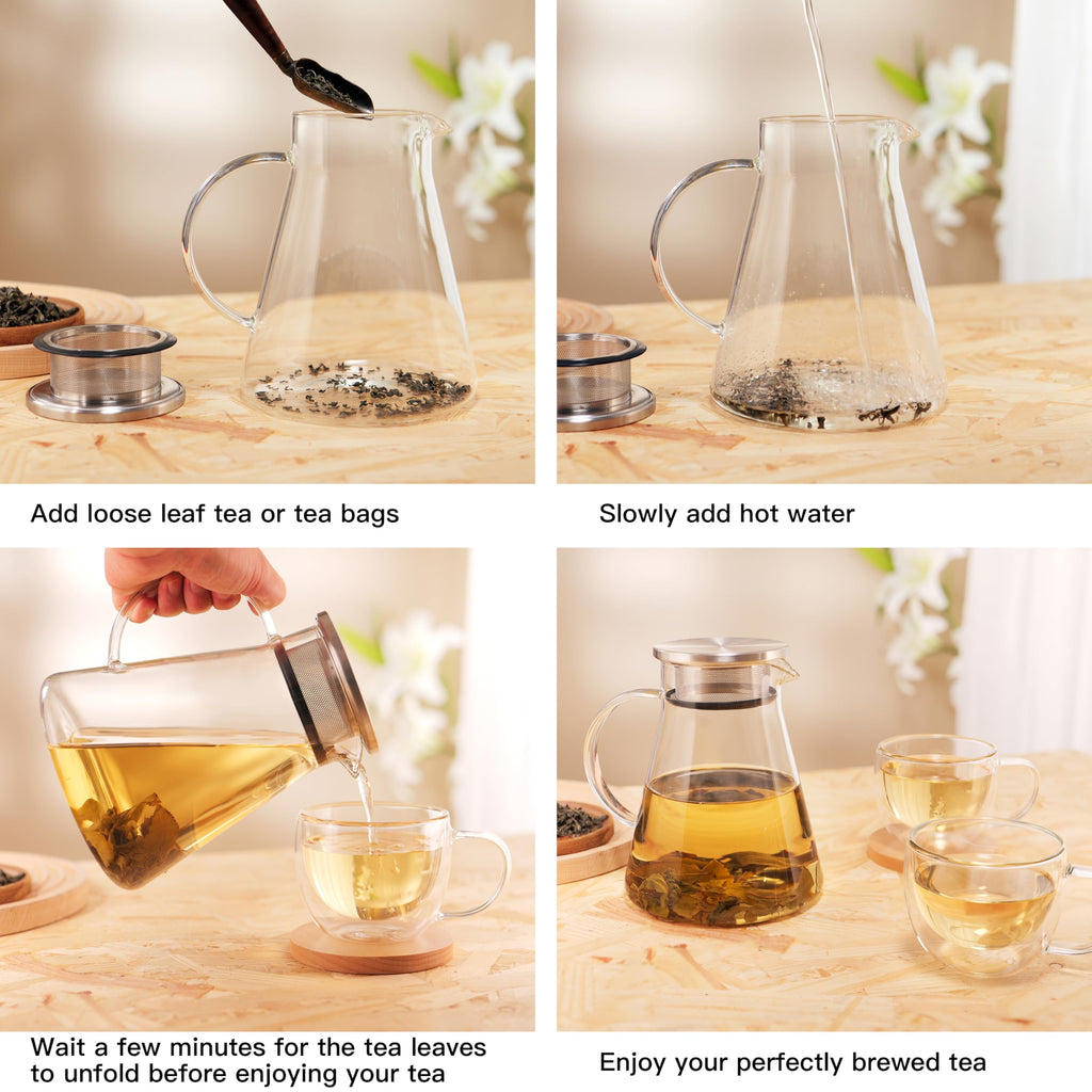 CNGLASS 30.5oz/900ml Glass Teapot Stovetop Safe,One-Touch Clear Tea Kettle,Blooming and Loose Leaf Tea Maker Set