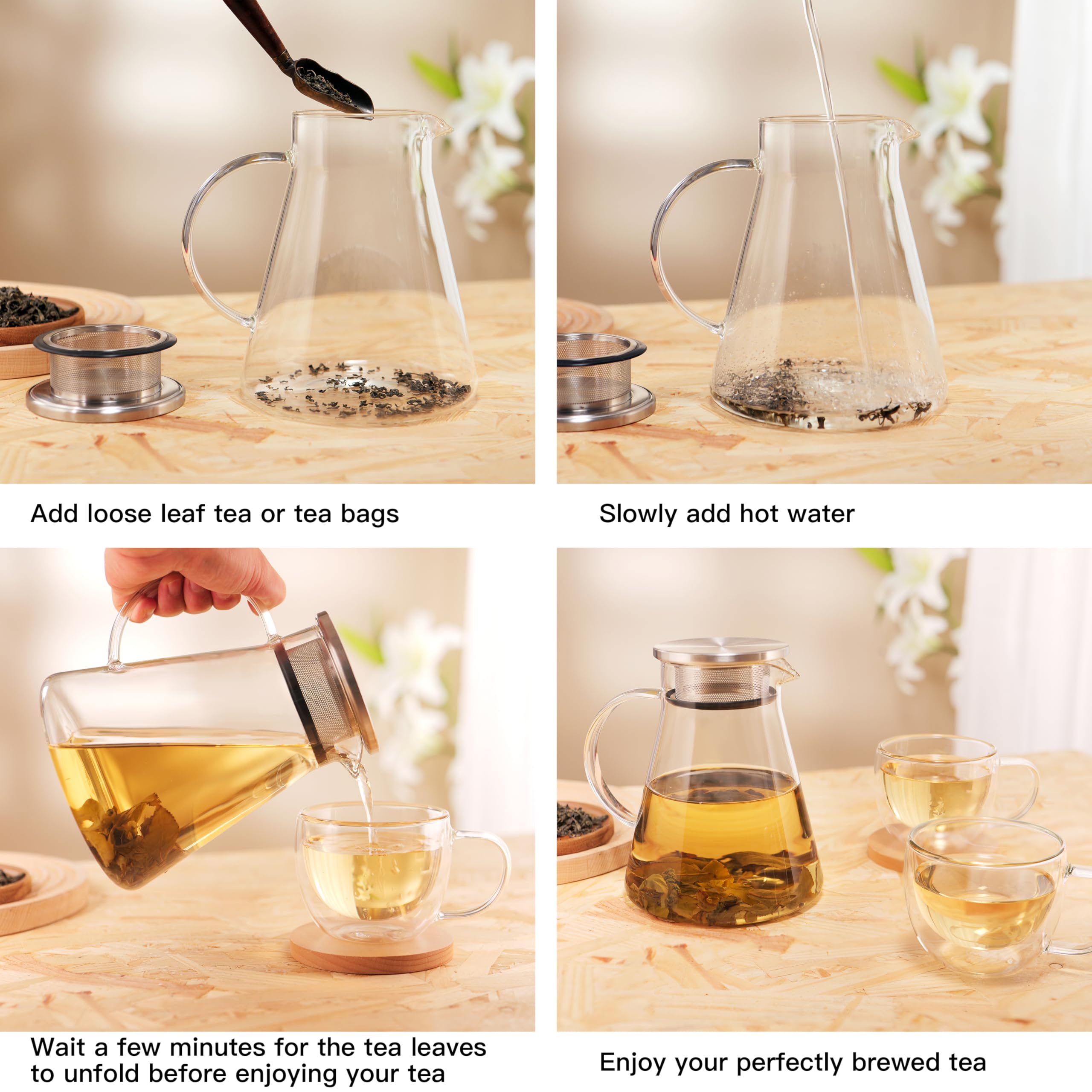 CNGLASS 40oz/1200ml Glass Teapot Stovetop Safe,One-Touch Clear Tea Kettle,Blooming and Loose Leaf Tea Maker Set