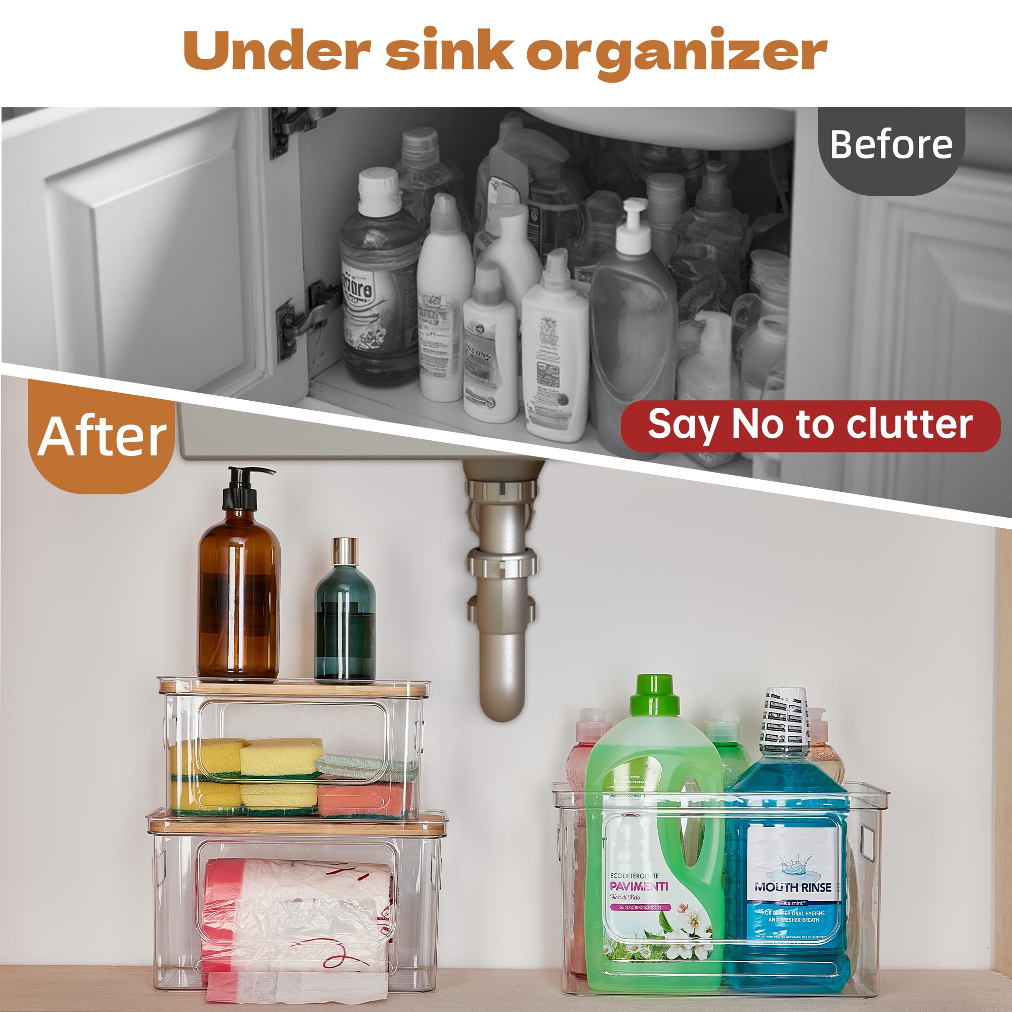 2 Pack Garbage Bag Holder with Bamboo Lid, Stackable Trash Bag Dispenser, Clear Under Sink Organizer for Kitchen, Pantry, Laundry Organization, Under-Sink