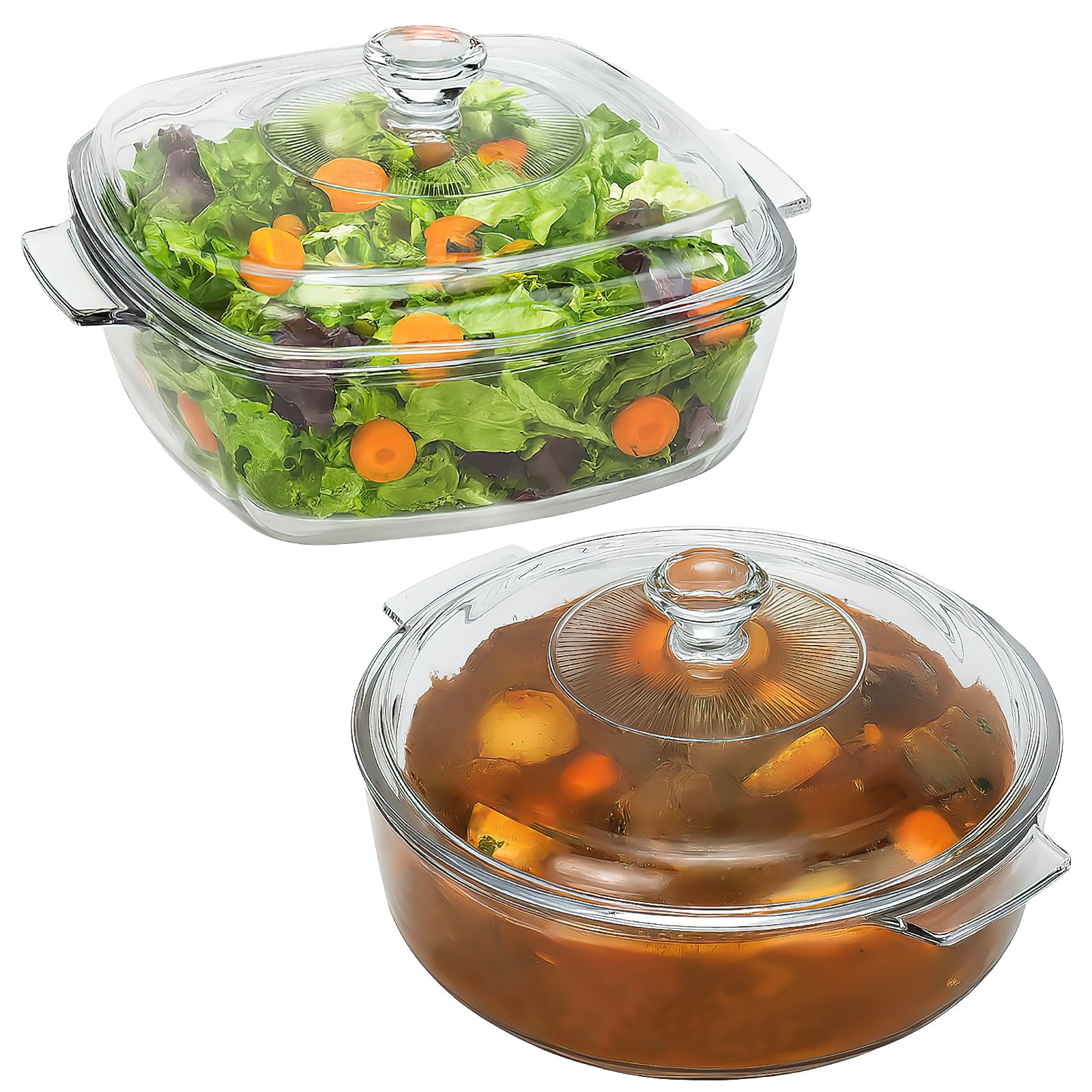 2 Pack Glass Casserole Dish with Lid and Handle Clear Lead-Free Covered Glass Baking Dish Casserole Cookware, Oven and Microwave Safe, for Marinating Baking Cooking (1.5L +1.7L)