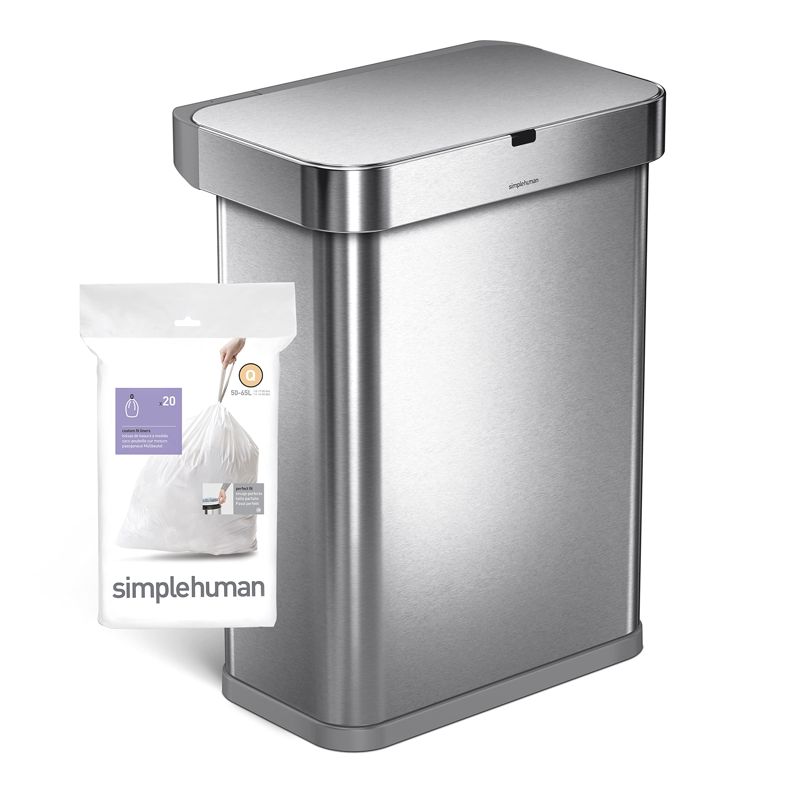 simplehuman Code Q 60 Count, Dispenser Pack Custom Fit Liners, Drawstring Trash Bags, 50-65L / 13-17 Gallons, White