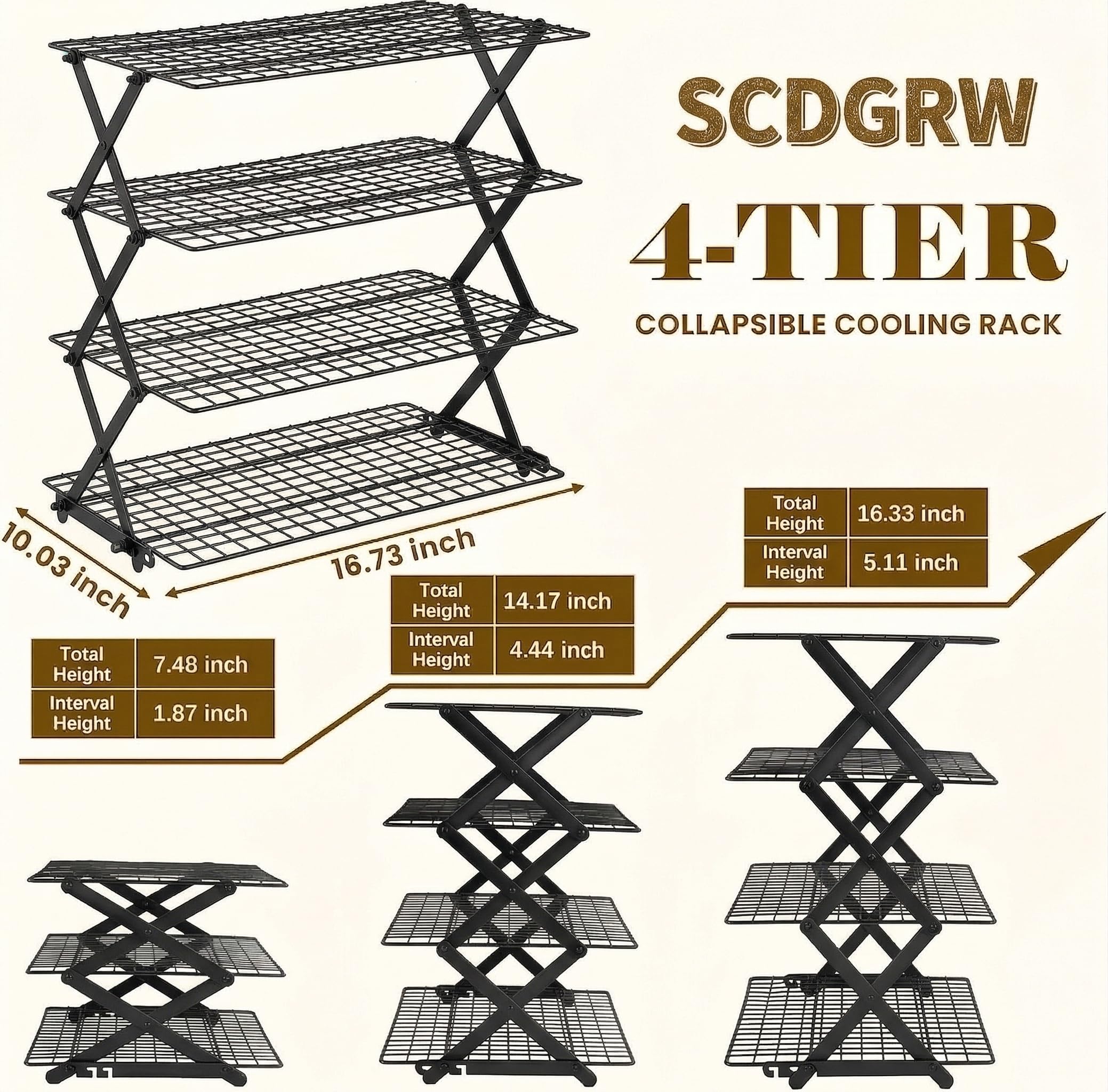 SCDGRW 4-Tier Collapsible Baking Cooling Rack, Small Grid Wire with 3 Adjustable Modes, Non-Stick Heavy Duty Wire Cooling Rack for Roasting, Cooking, Drying