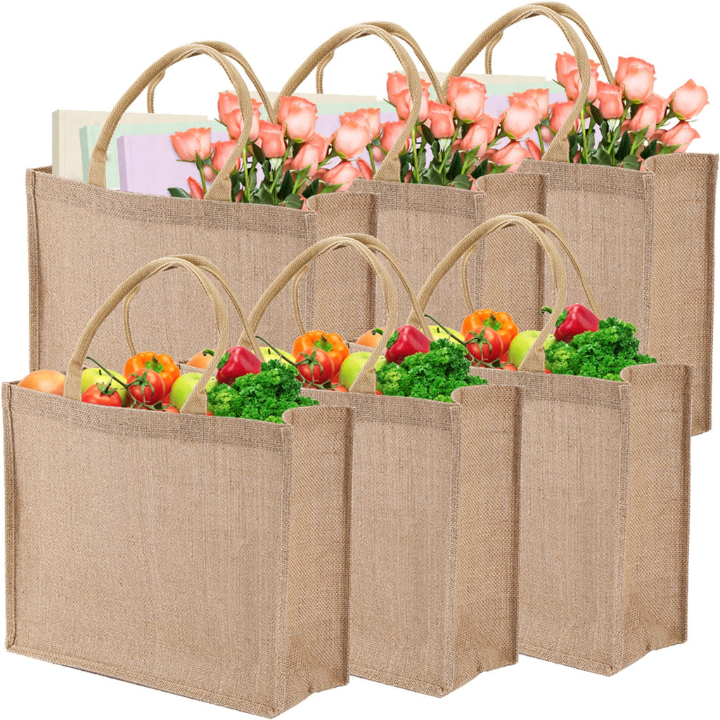 DEAYOU 6 Pack Large Jute Burlap Tote Bag, Jute Beach Bag with Laminated Interior, Burlap Gift Tote with Handle, Reusable Lined Market Grocery Shopping Bag for DIY, Wedding,15.4''x12.2''x5.9''
