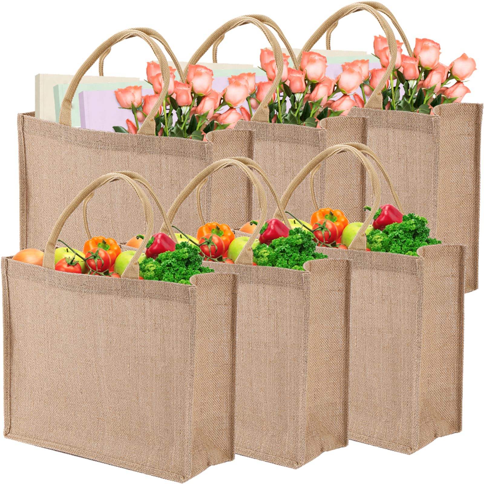 DEAYOU 6 Pack Large Jute Burlap Tote Bag, Jute Beach Bag with Laminated Interior, Burlap Gift Tote with Handle, Reusable Lined Market Grocery Shopping Bag for DIY, Wedding,15.4''x12.2''x5.9''