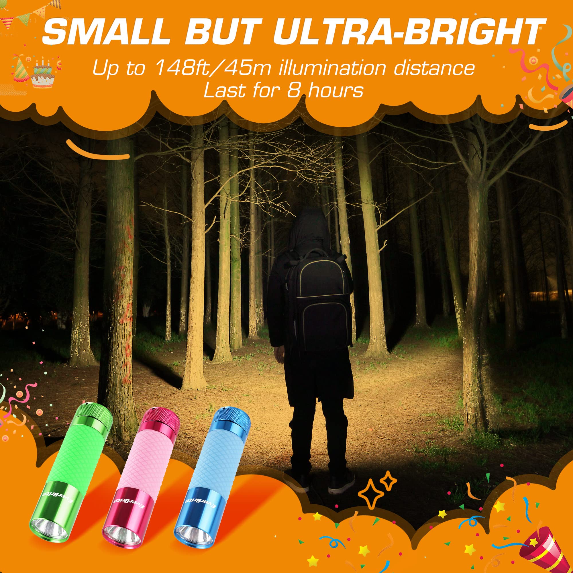 EverBrite 3-Pack Mini Flashlights, Glow in Dark Flashlights, Aluminum LED Flashlights Party Favors Assorted Colors for Camping, Hiking, Outdoor, 9AAA Batteries Included