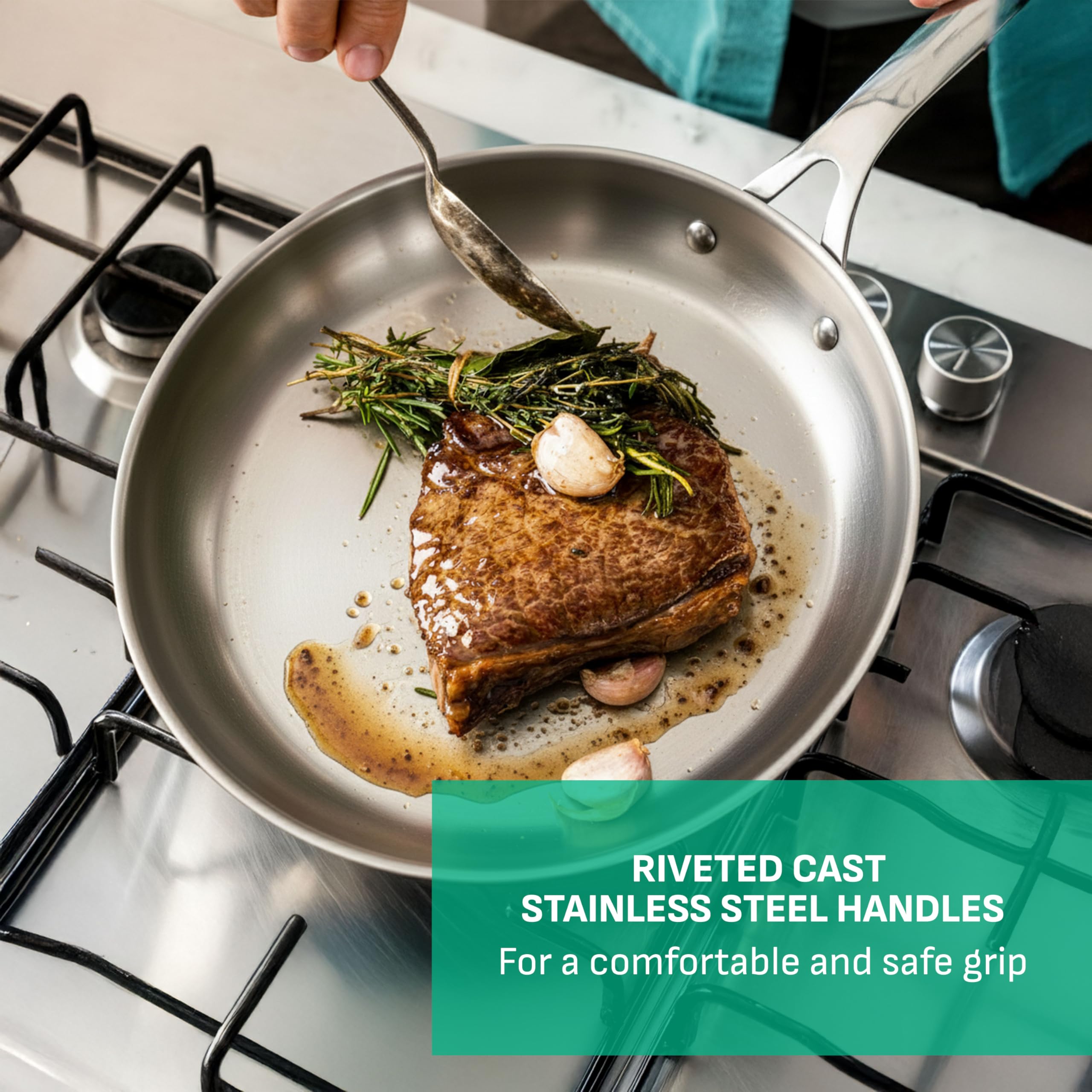 Jamie Oliver by Tefal Cook Smart Frying Pan 11 in / 28 cm, Uncoated Stainless Steel Frying Pan, Robust, Fast Heating, Even Cooking, Riveted Handle, Induction Safe, Oven and Dishwasher Safe