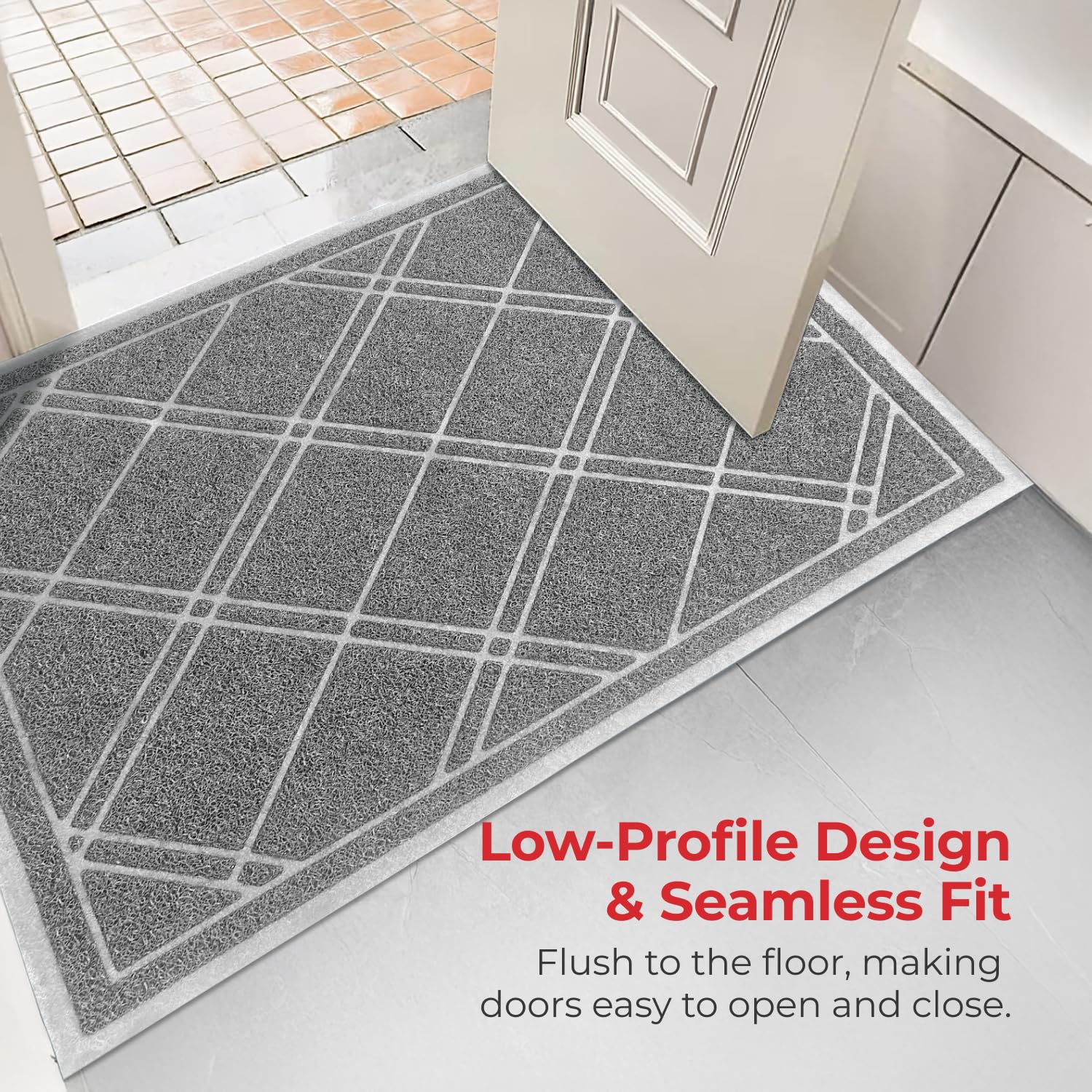 SlipToGrip Universal Plaid Door Mat - XL 42 x35 Inch Low-Profile Grey Entryway Rug with DuraLoop - Waterproof Indoor and Outdoor Welcome Mat for Front Door, Garage, Patio, Mudroom